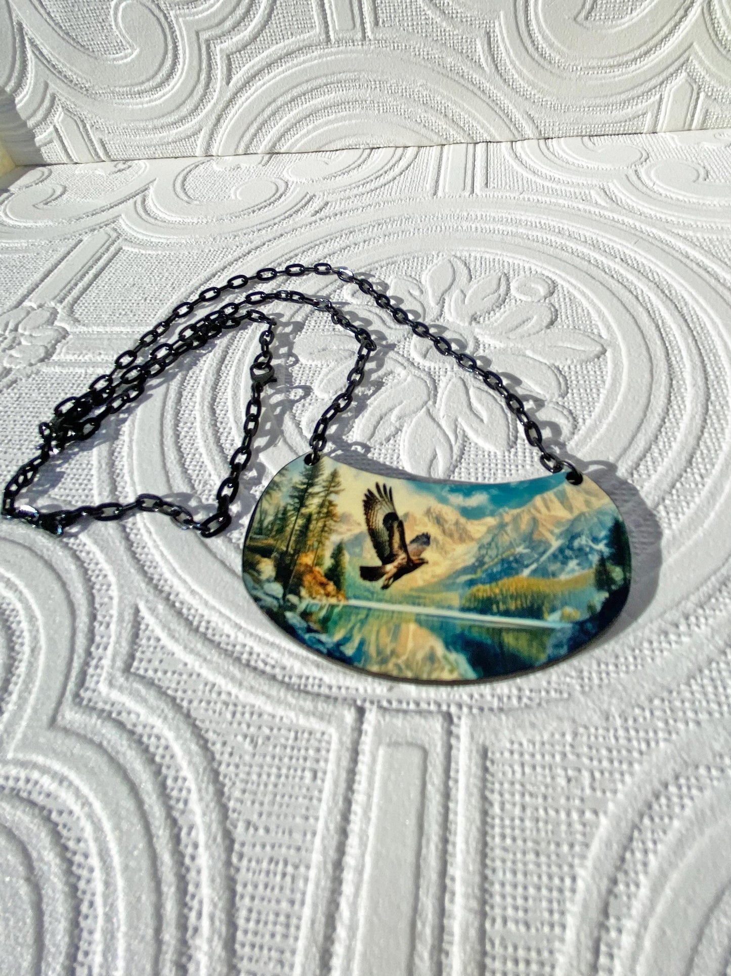 Beautiful Nature Scene Necklace, Hawk, Lake Mountains, Handcrafted ~ Gift for Nature Lover, Laser cut Wood, Sublimated Illustration