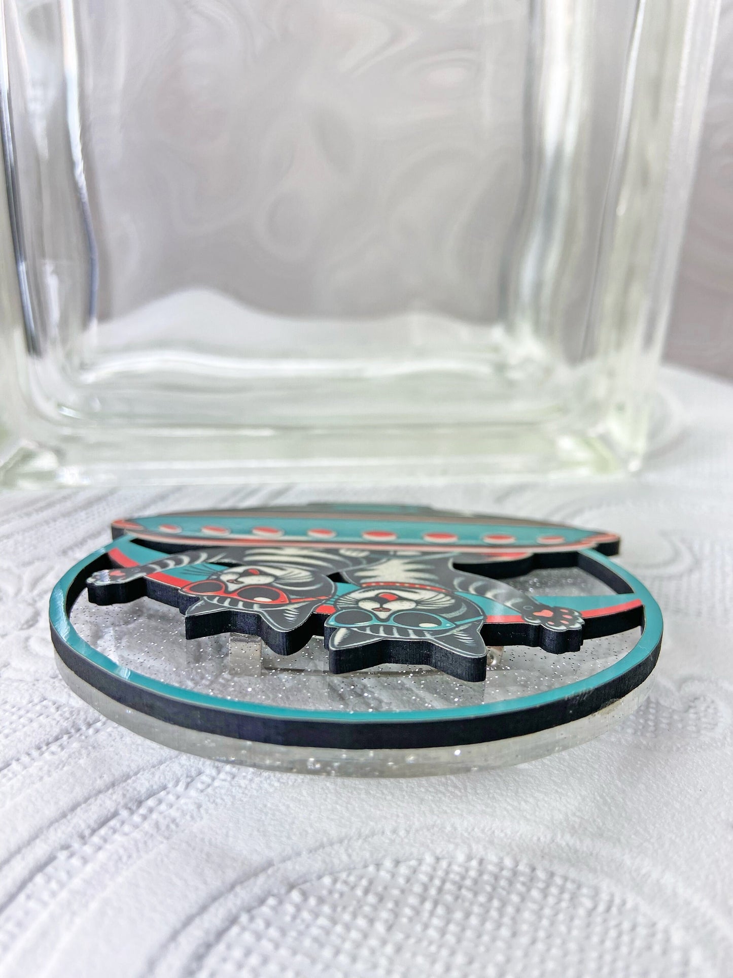 Cool Cats in Outer Futuristic Space Brooch / Pin ~ Flying Saucer, Teal & Red, Wood and Acrylic Laser Cut, Handcrafted, Unique Gift Idea