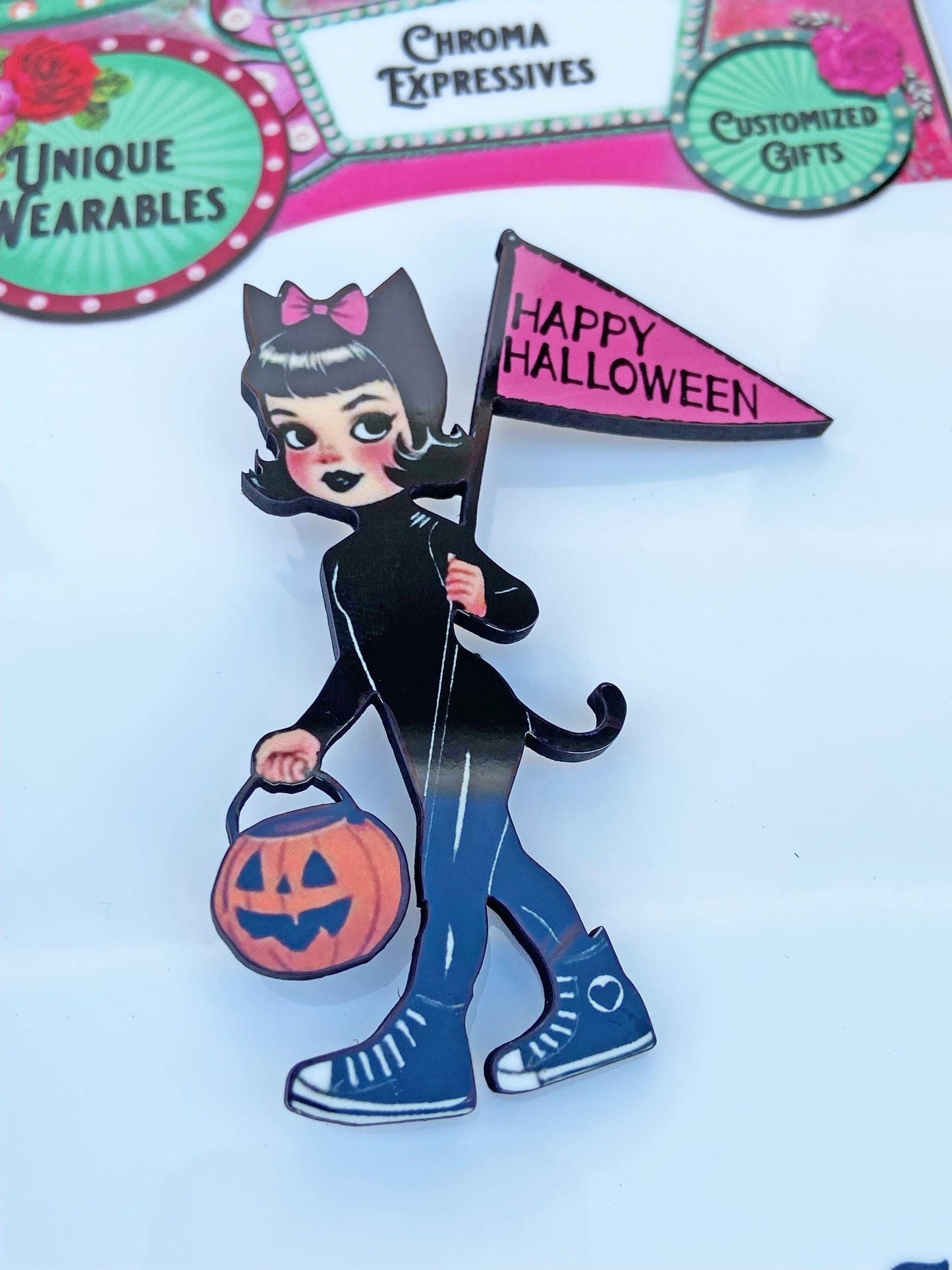 Brooch, Adorable Vintage Halloween Girl Trick or Treating in Cat Outfit ~ Spooky Season Pin ~ Nostalgic Pumpkin Treat Bag ~ Laser Cut Wood