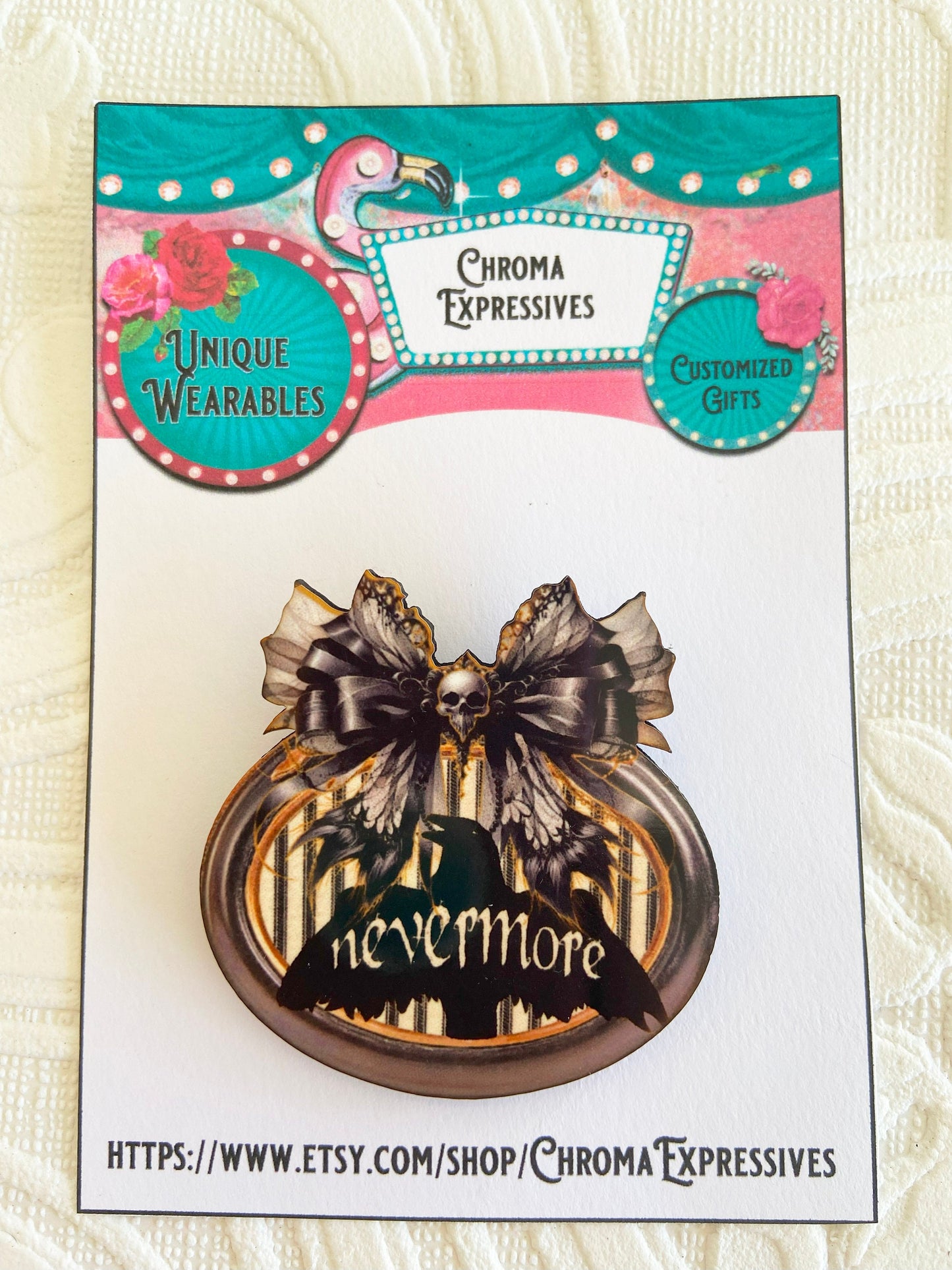 Nevermore Pin / Brooch, The Raven, Poe, Unique Design, Laser Cut wood, Sublimated Illustration, Goth Gift