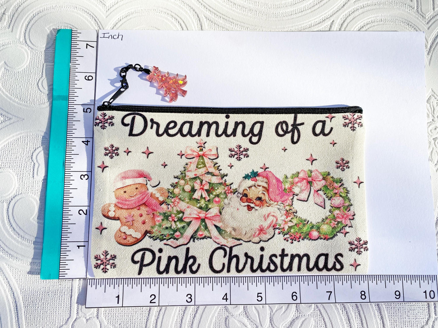 Dreaming of a Pink Christmas Makeup / Cosmetic Bag ~ Great Gift Idea, Quality Product, Image on BOTH sides, Laser Cut Pink Acrylic Tree Pull