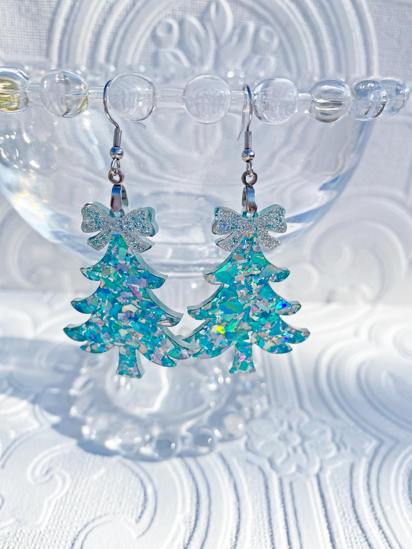 Christmas Tree Glitter Earrings ~ Super Glitzy Handcrafted Tree Earrings with Silver Bows, Ear Wire or Clip-on Available.
