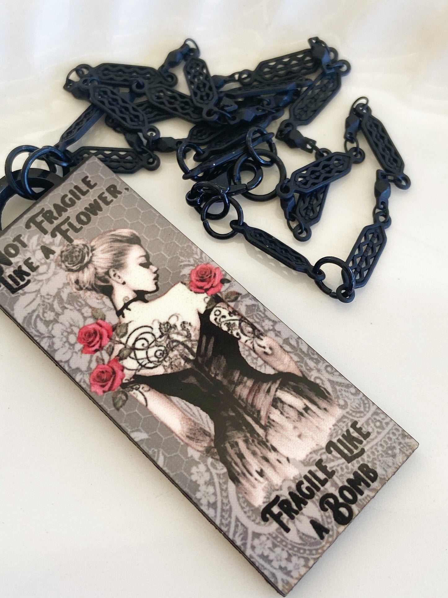 Elegant Handcrafted Illustration Necklace ~ Fragile Like a Bomb ~ Feminine and Strong Expression, Laser Cut Wood, Sublimated Image
