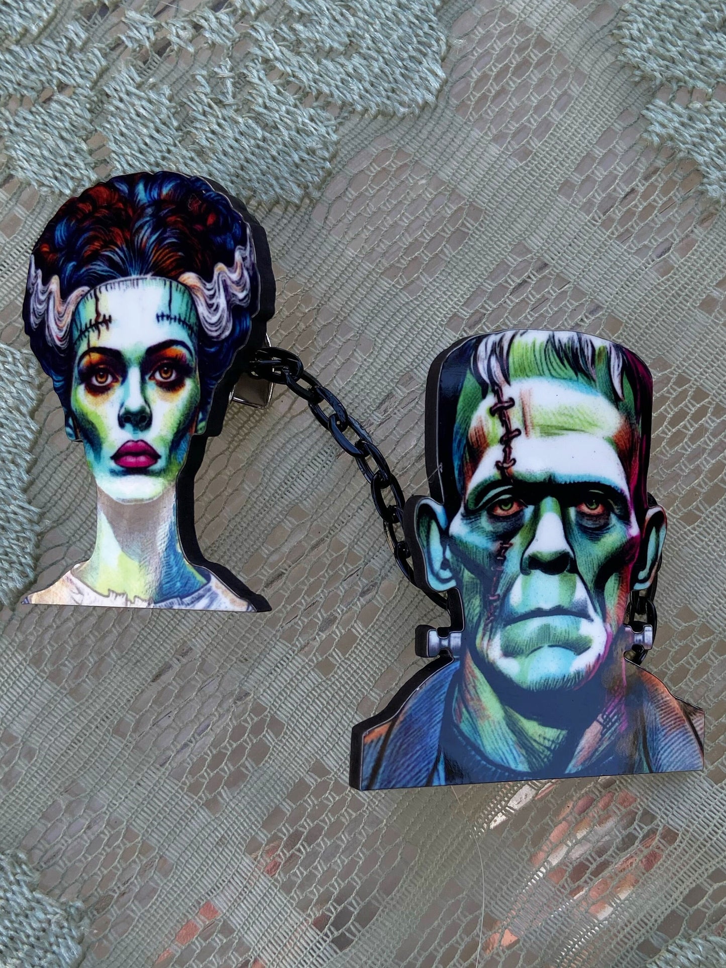 Frankenstein & His Bride Collar / Sweater Clips or Earrings ~ Spooky Wearable Art ~ Laser Cut Wood, Sublimated Illustration