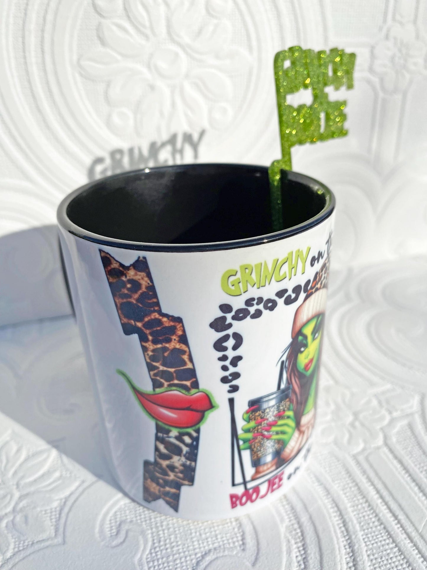 Grinch Coffee Mug ~ Grinchy and Boojee ~ Unique Design, Includes Mug Sitter, Gift Idea for Friend