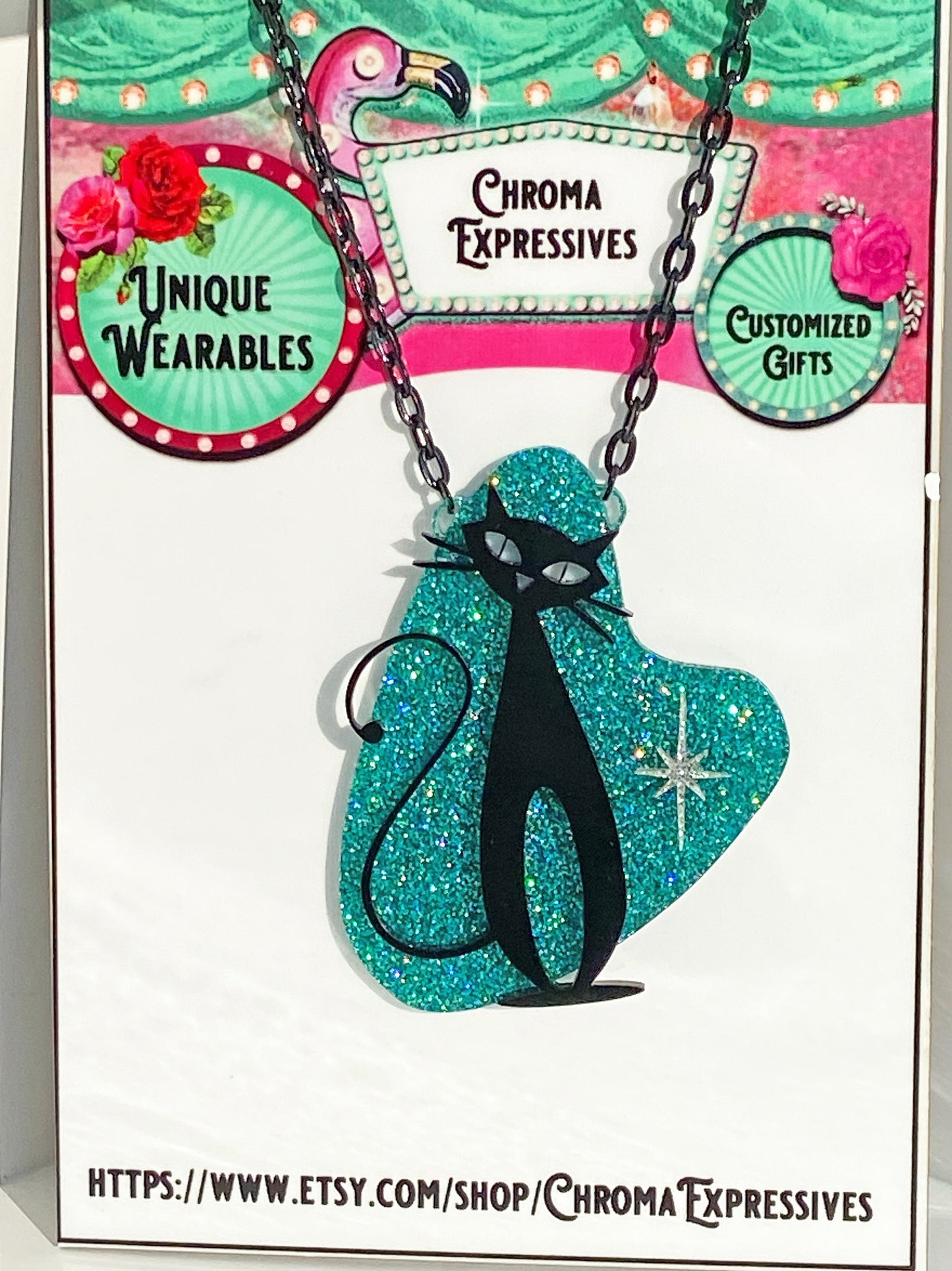 Cool Atomic Cat Brooch or Necklace ~ Teal Glitter Acrylic, Black cat and Silver Glitter Star. ~ Mid Century Modern Wearable Art.
