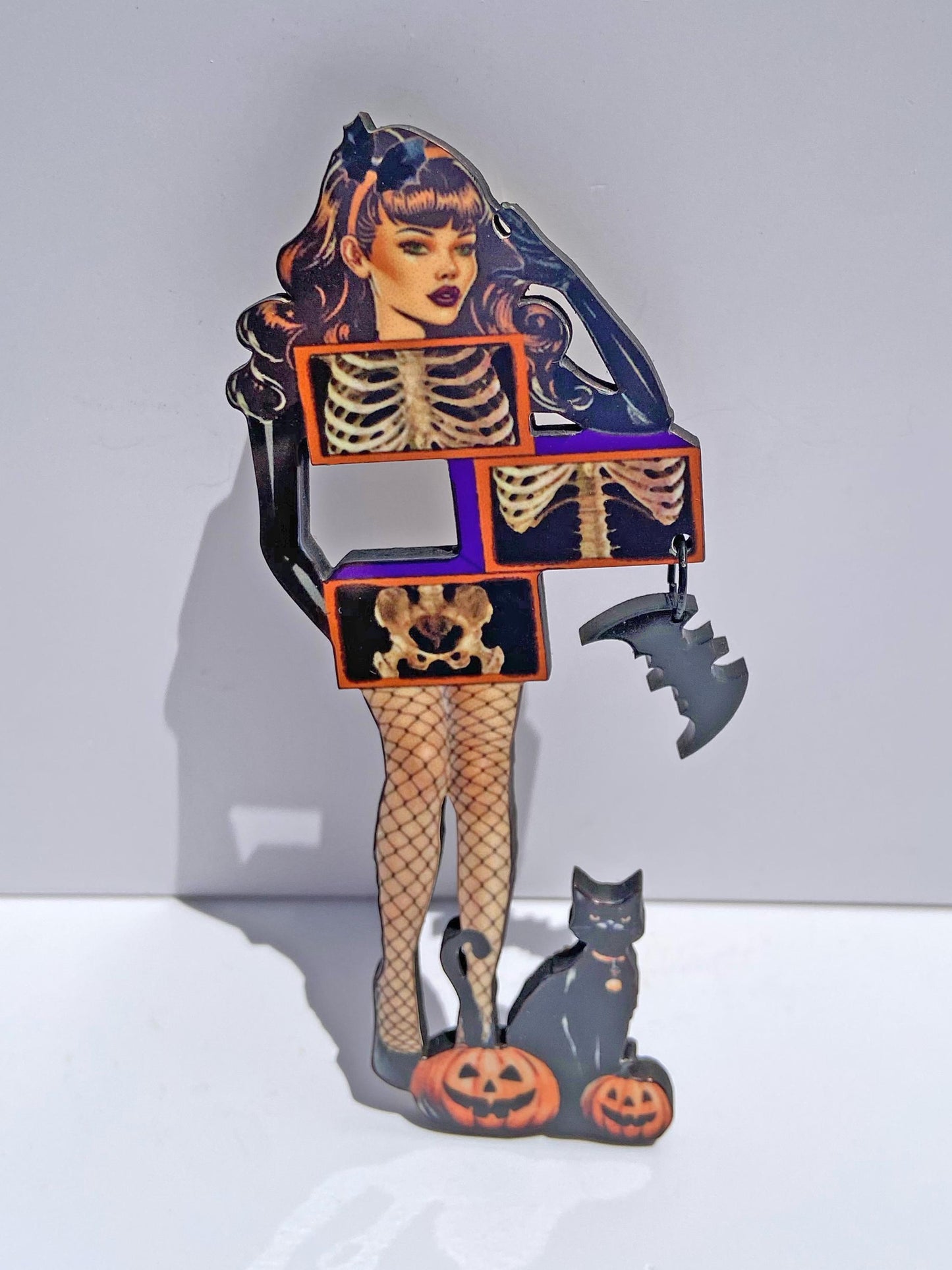 Your choice, Ghoul Brooch of Magic Trick, where you get cut and separated, x-ray Art, Oddity Fun, Spooky Season Jewelry, Laser Cut Wood