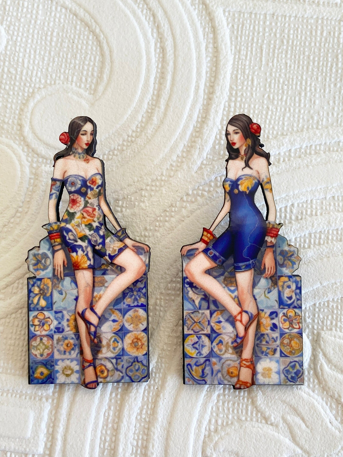 Mosaic Ladies Earrings ~ Stud Posts, Handcrafted ~ Unique Wearable Art ~ Laser Cut Wood, Sublimated Illustration, Great Gift Idea
