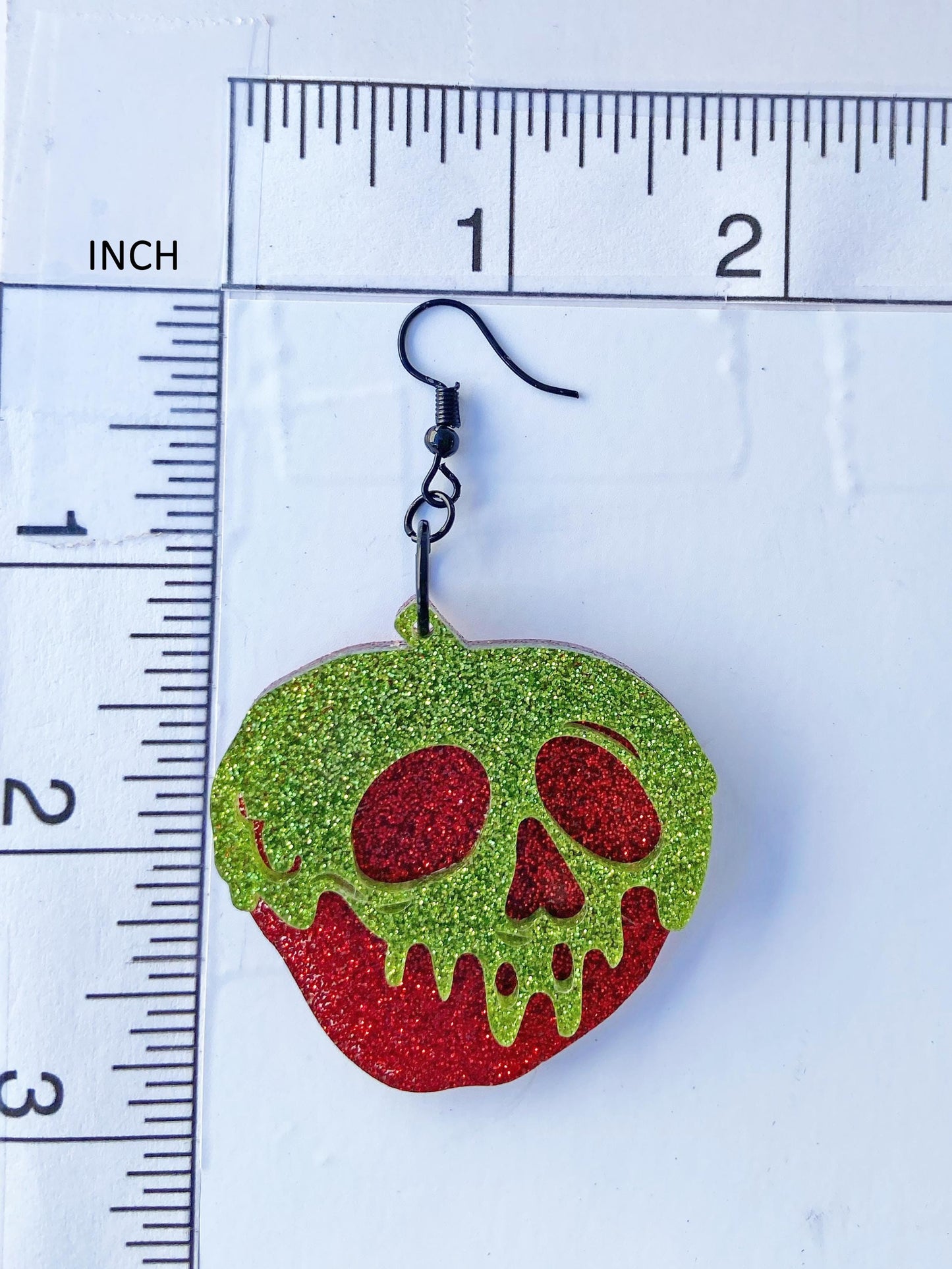 Poison Candy Apple Earrings ~ Halloween Jewelry ~ Spooky Season Skeleton Earrings ~ Laser Cut Red and Green Glitter Acrylic
