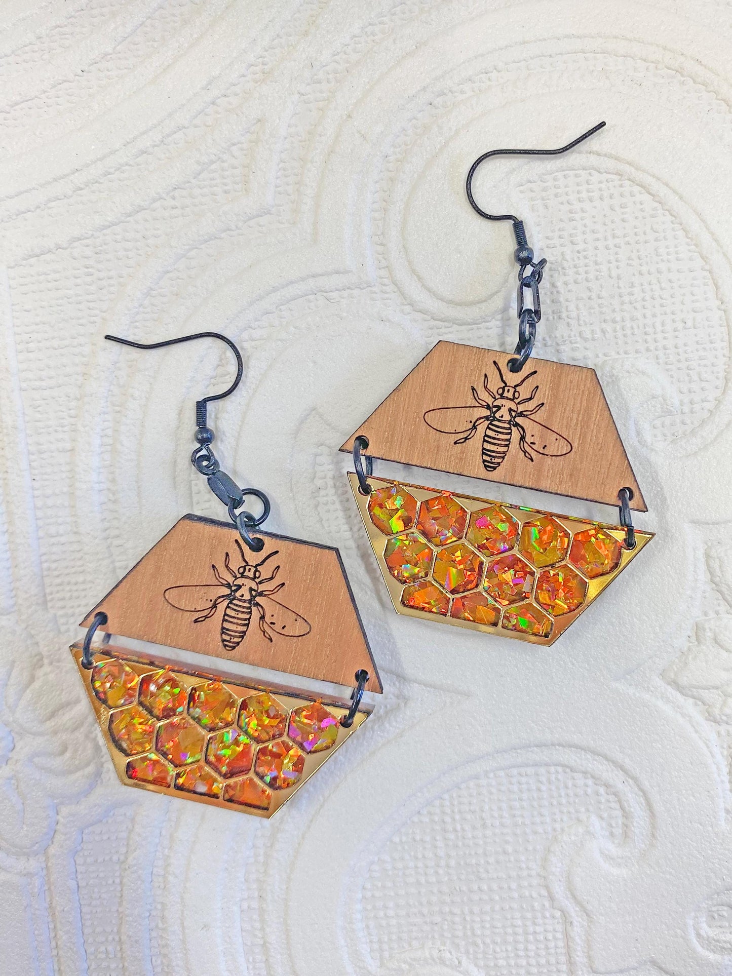 Bee and Honey Handcrafted Earrings, Clip-On or Pierced, Nature Inspired, Honeybee Love, Garden Lover Gift, Laser Cut Wood and Acrylic