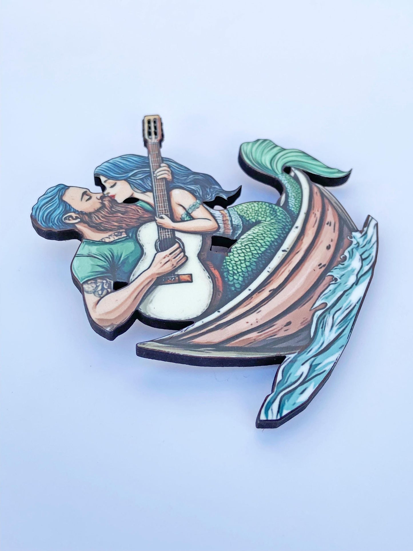 Brooch, Mermaid & Guitar Playing Man In Boat ~ Handsome Tattooed Man Serenading Beautiful Mermaid ~ Romance on the High Seas, Fun!