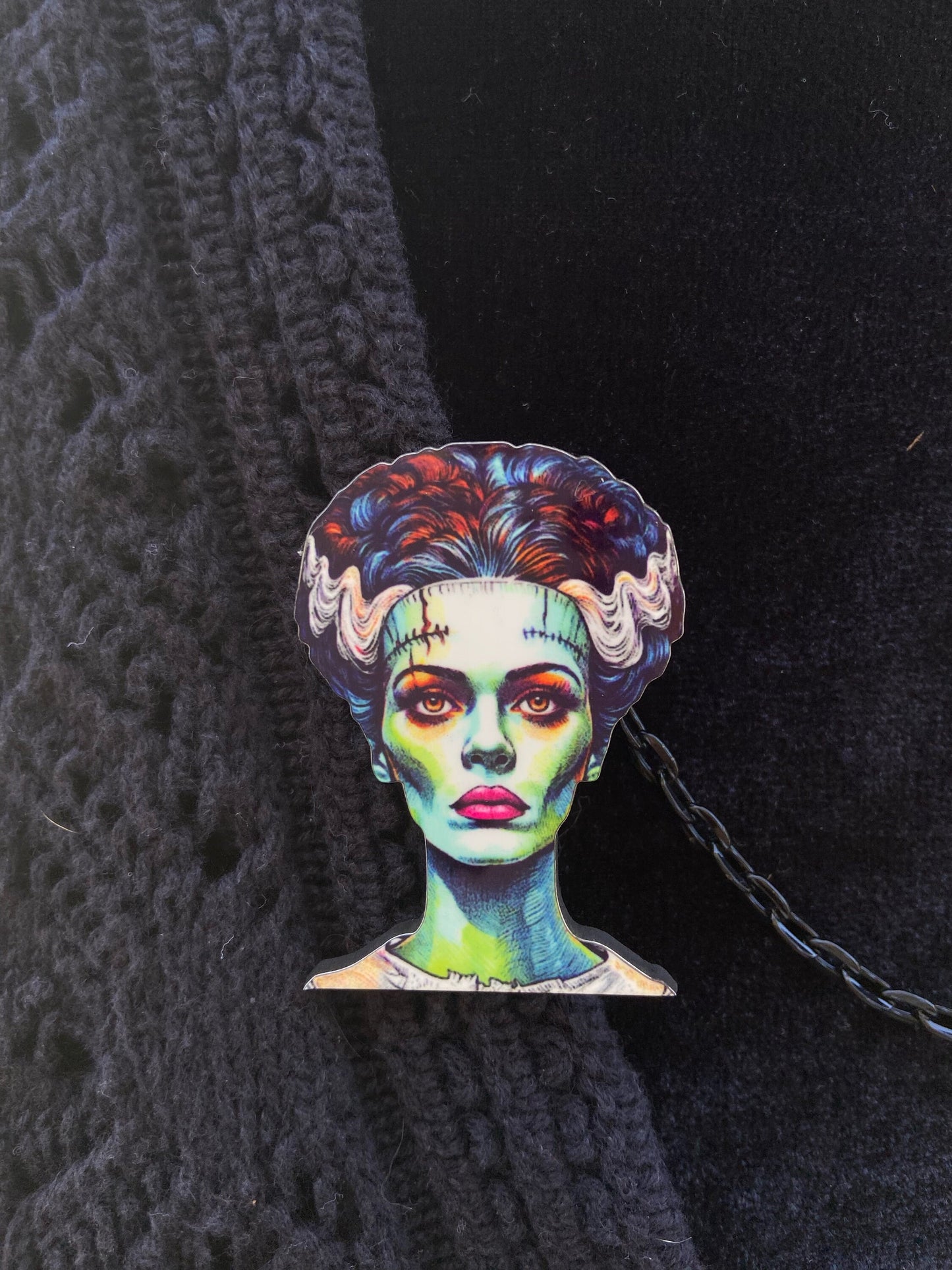 Frankenstein & His Bride Collar / Sweater Clips or Earrings ~ Spooky Wearable Art ~ Laser Cut Wood, Sublimated Illustration