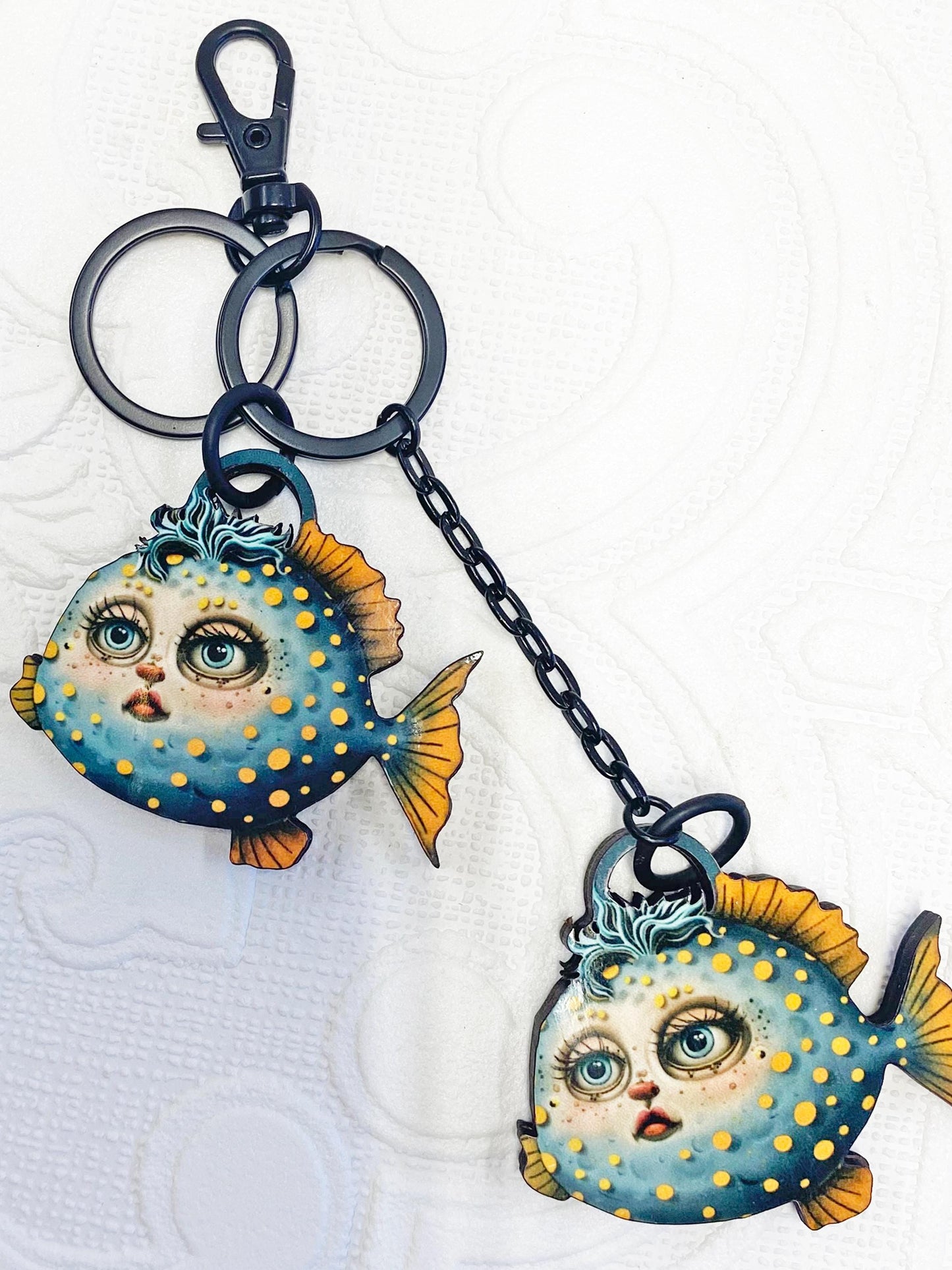 Whimsical Fish Keychain | Cute Double-Sided Bag Fob | Laser-Cut Wood | Unique Design | Purse, Backpack, or Key Ring Accessory