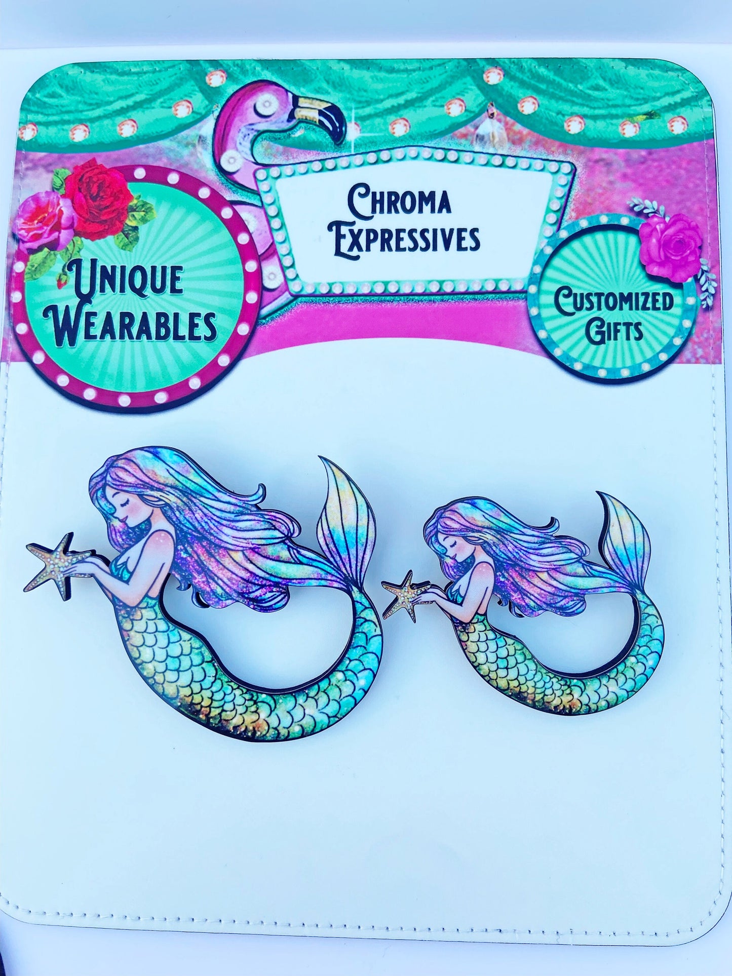 Whimsical Mermaid Brooch / Pin, Handcrafted Laser Cut Wood, Beautiful Vibrant Colors, 2 Sizes to Chose From, Great Gift Idea