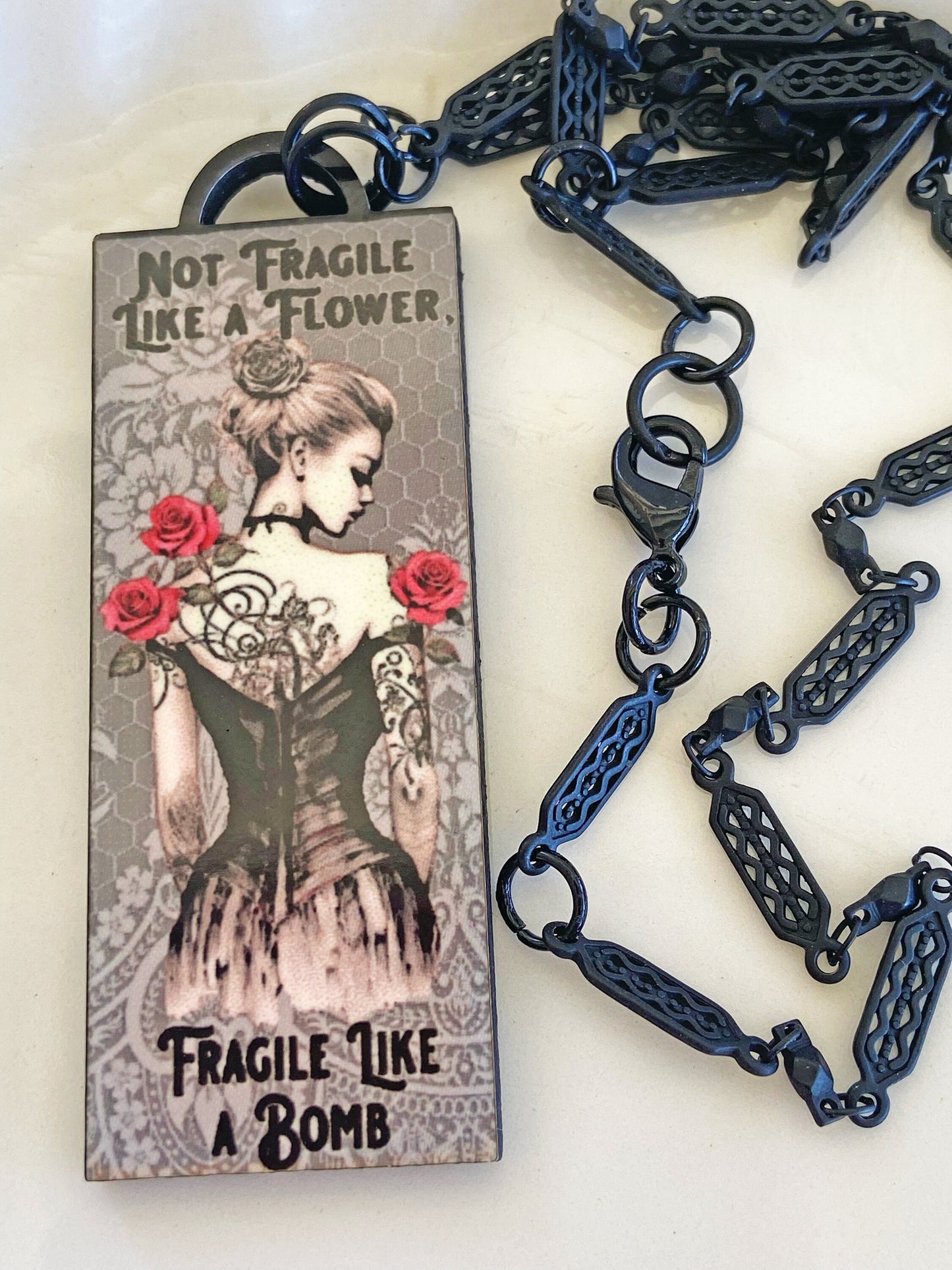 Elegant Handcrafted Illustration Necklace ~ Fragile Like a Bomb ~ Feminine and Strong Expression, Laser Cut Wood, Sublimated Image