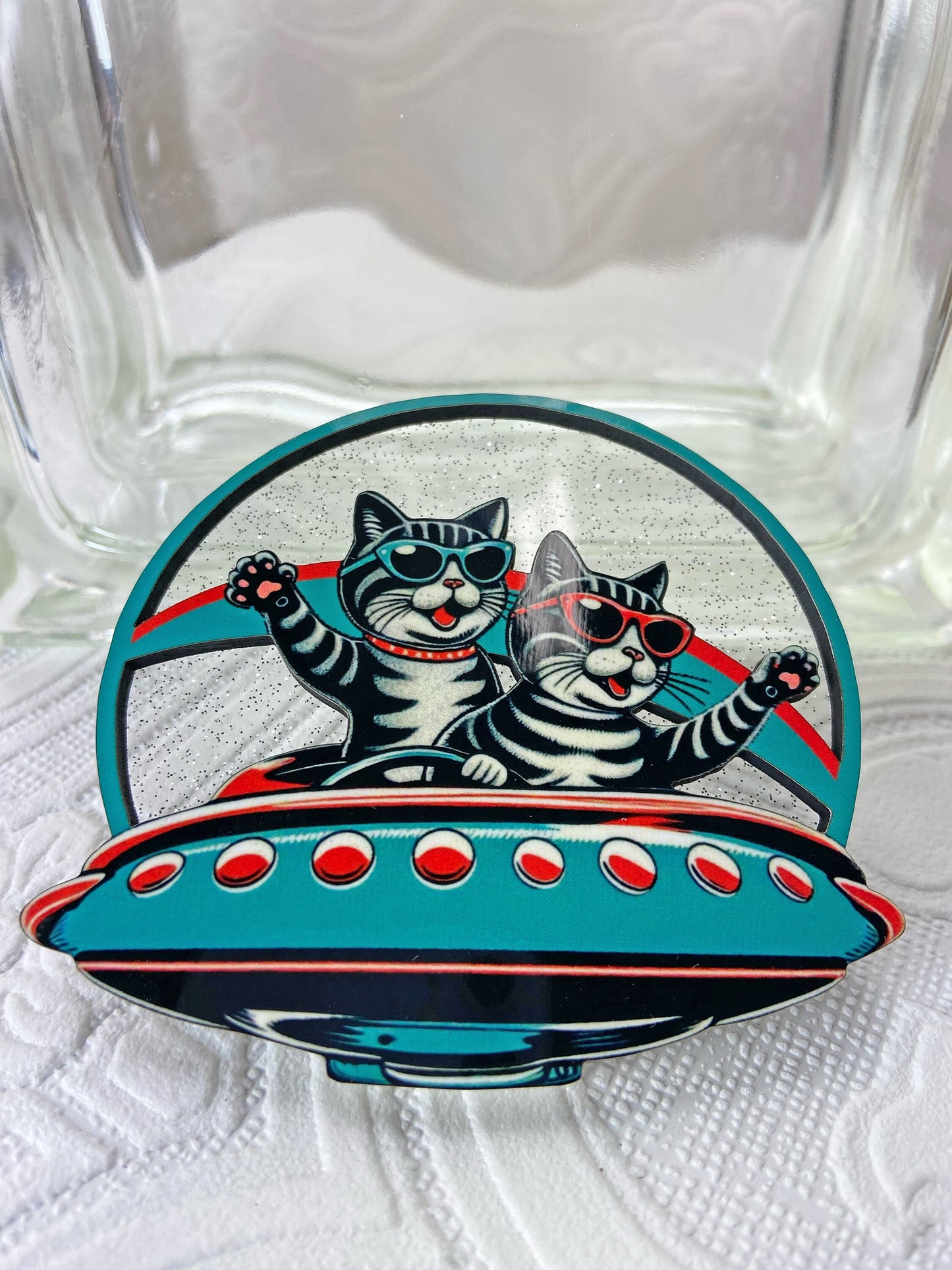 Cool Cats in Outer Futuristic Space Brooch / Pin ~ Flying Saucer, Teal & Red, Wood and Acrylic Laser Cut, Handcrafted, Unique Gift Idea