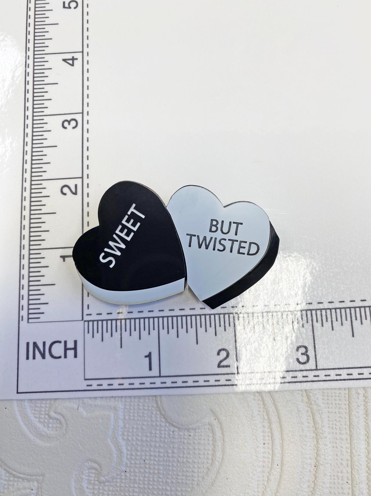 Black & White Heart Brooch, Sweet but Twisted, Layered Acrylic, Fun and Edgy