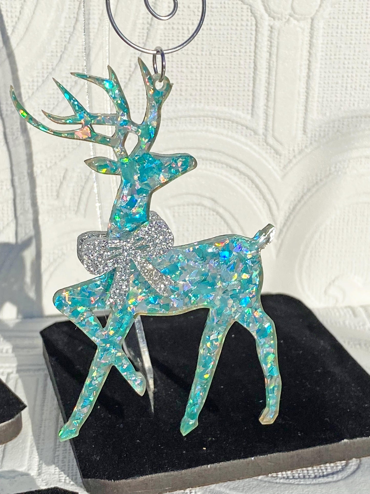 Beautiful Reindeer Tree Ornaments (3) ~ Delux Glitter Acrylic, Very Sparkly, Bow's on Both Sides