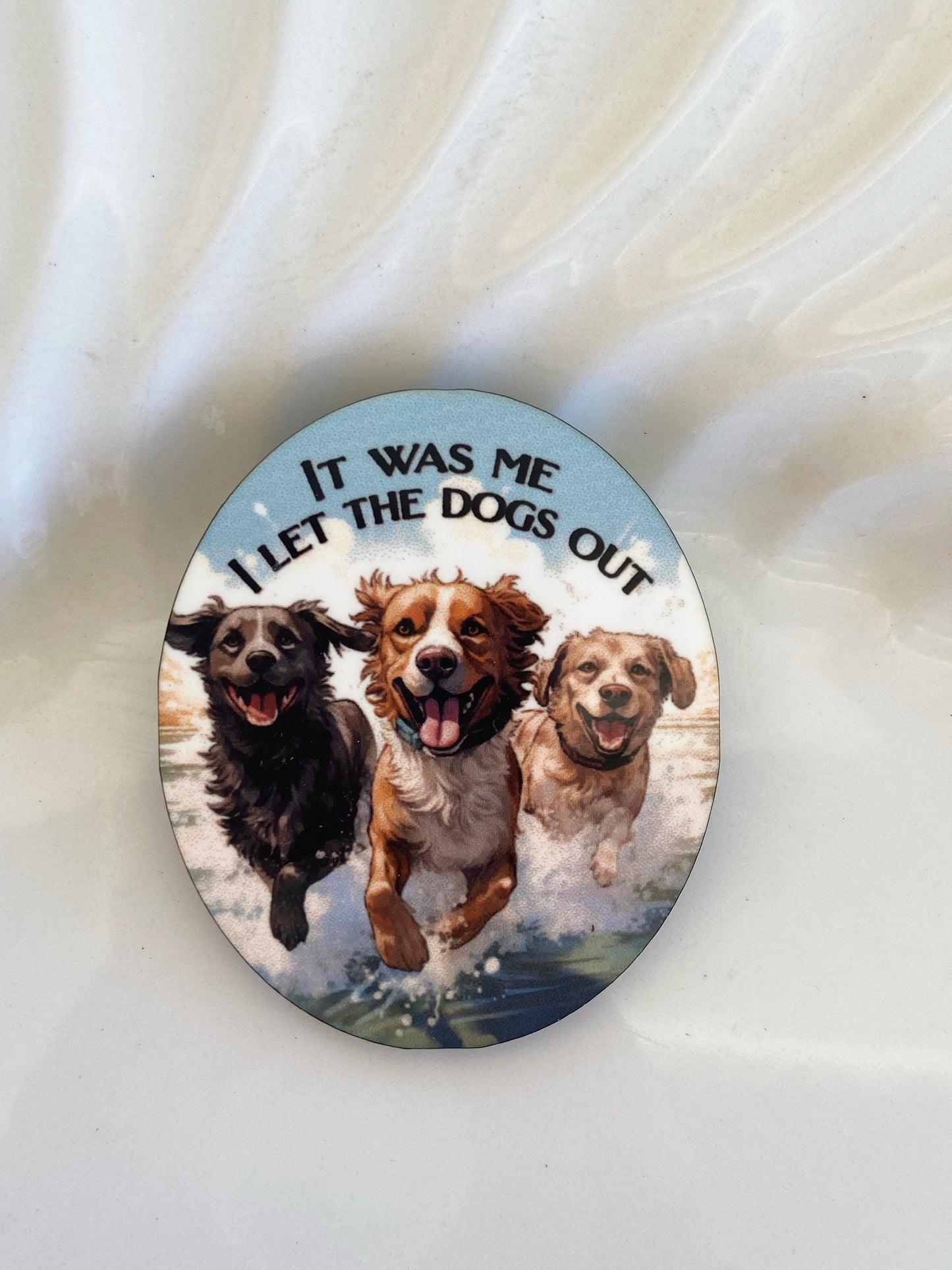 Who let the dogs out brooch, Adorable happy dogs splashing in water. Three dog illustration, laser cut wood, sublimation image