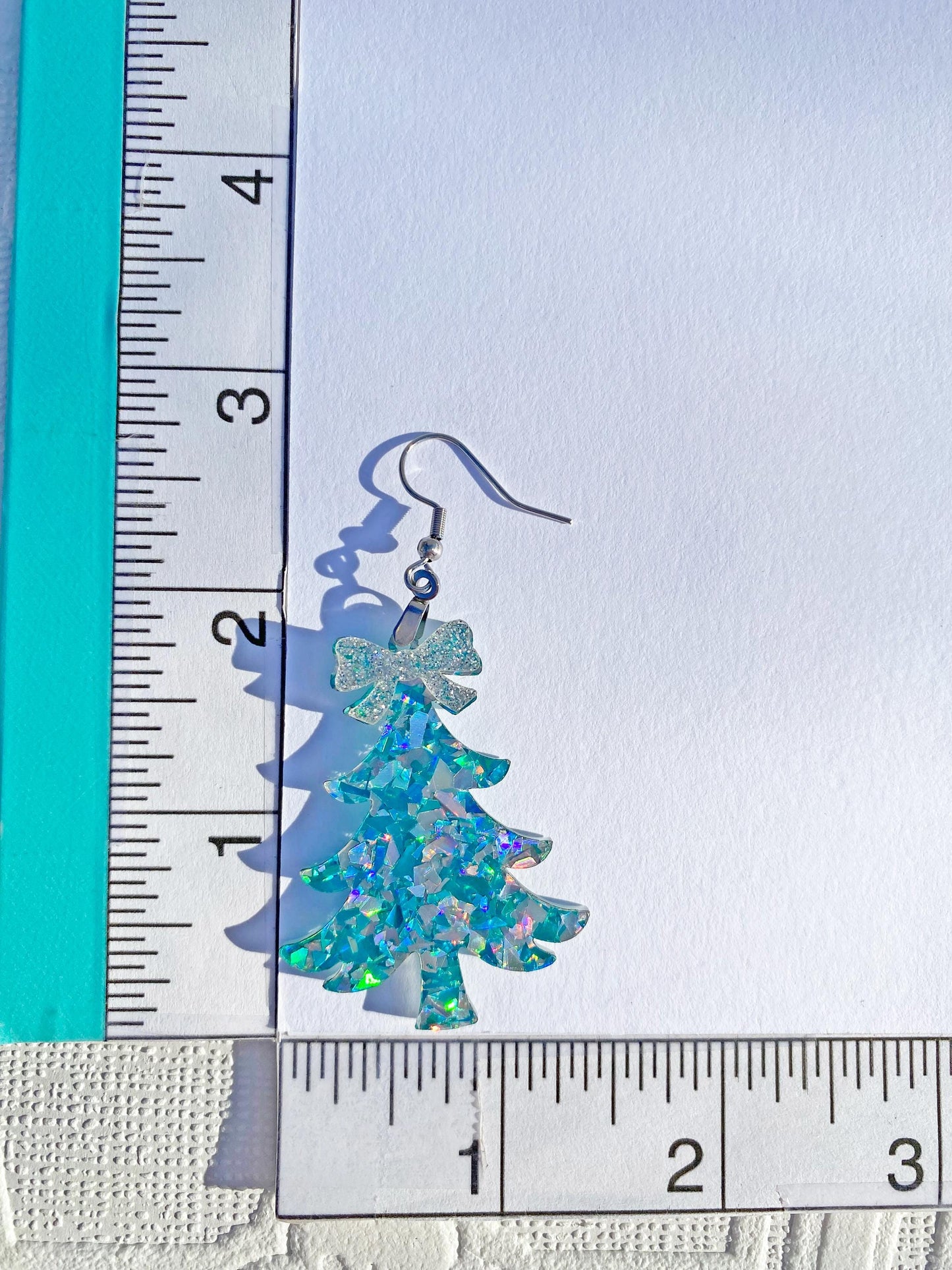 Christmas Tree Glitter Earrings ~ Super Glitzy Handcrafted Tree Earrings with Silver Bows, Ear Wire or Clip-on Available.