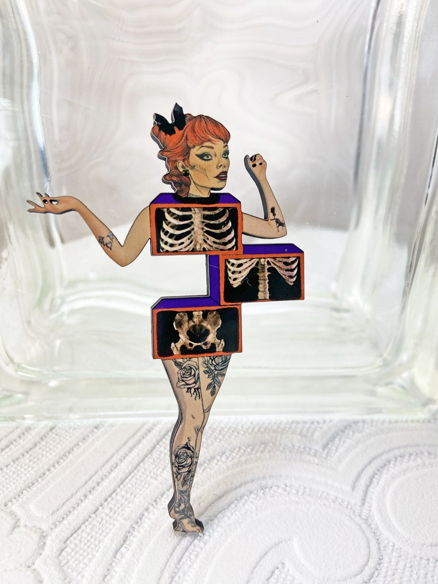 Your choice, Ghoul Brooch of Magic Trick, where you get cut and separated, x-ray Art, Oddity Fun, Spooky Season Jewelry, Laser Cut Wood