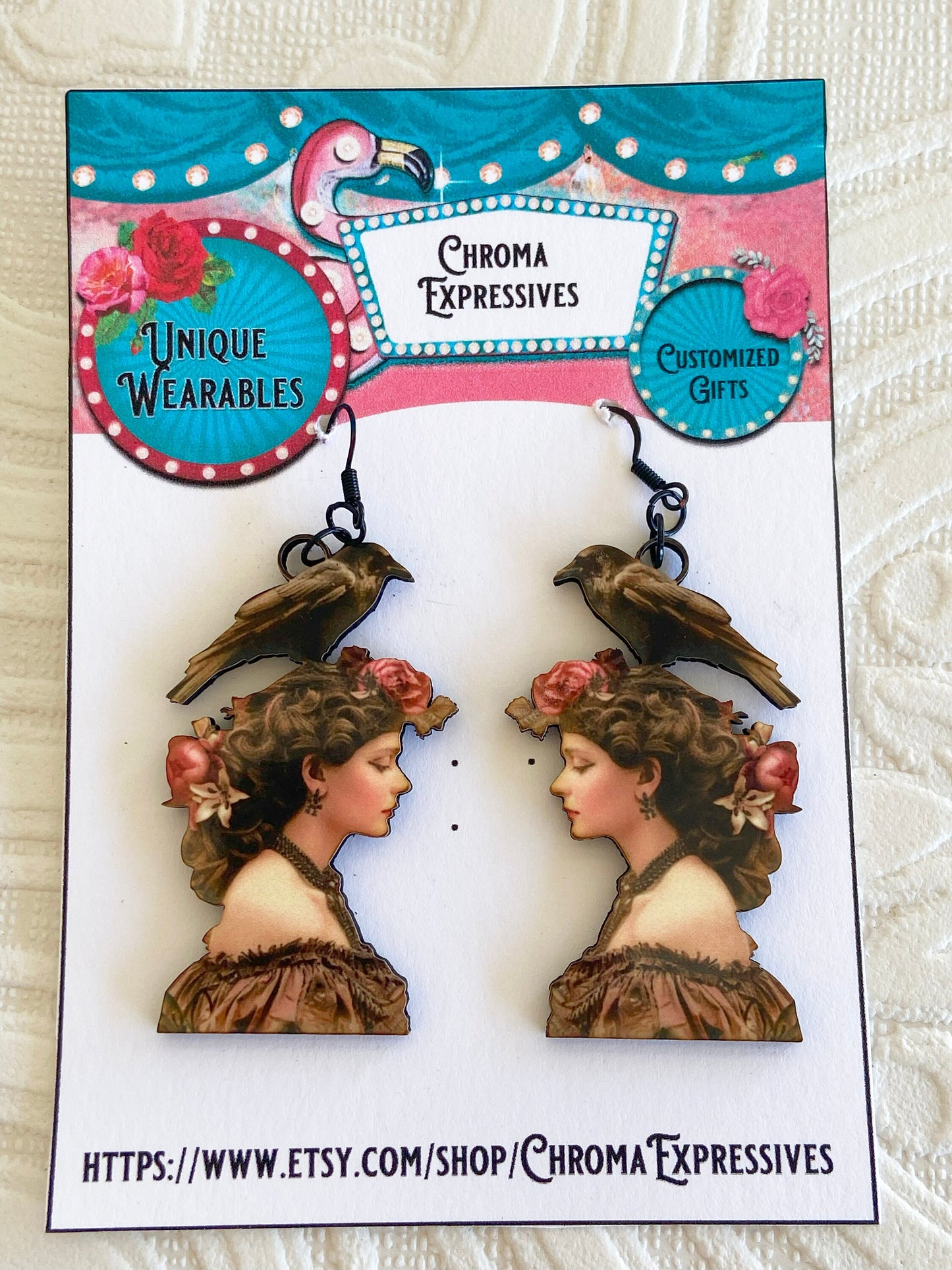 Woman with Crow / Raven on her Head Unusual earrings ~ Victorian Beauty with Flowers in Hair, Unique Gift Idea.