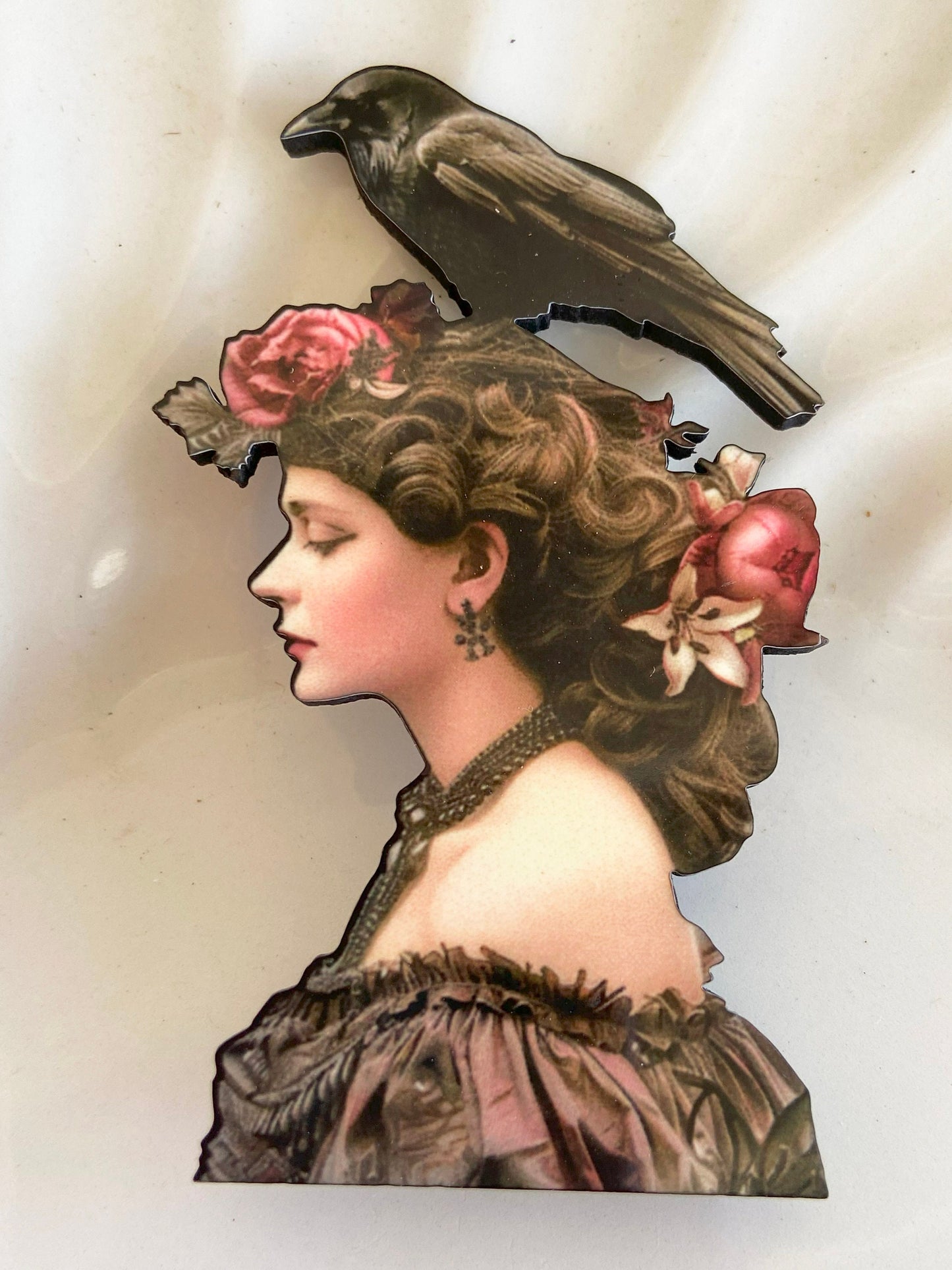 Unique Handcrafted Brooch / Pin, Victorian Woman with Raven or Crown in her Hair, Great gift for Poe Reader or Book Lover