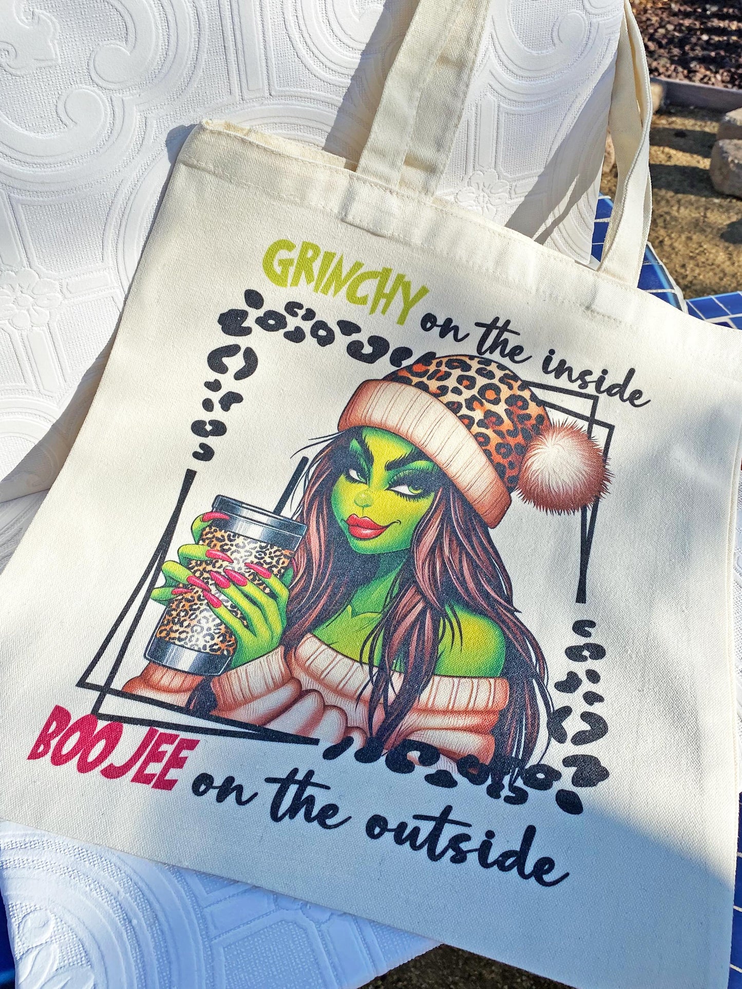 Unique Canvas Tote Bag ~ Grinchy on the Inside, Boojee on the Outside ~ Beautiful Design, Pretty Grinch Woman Drinking Coffee