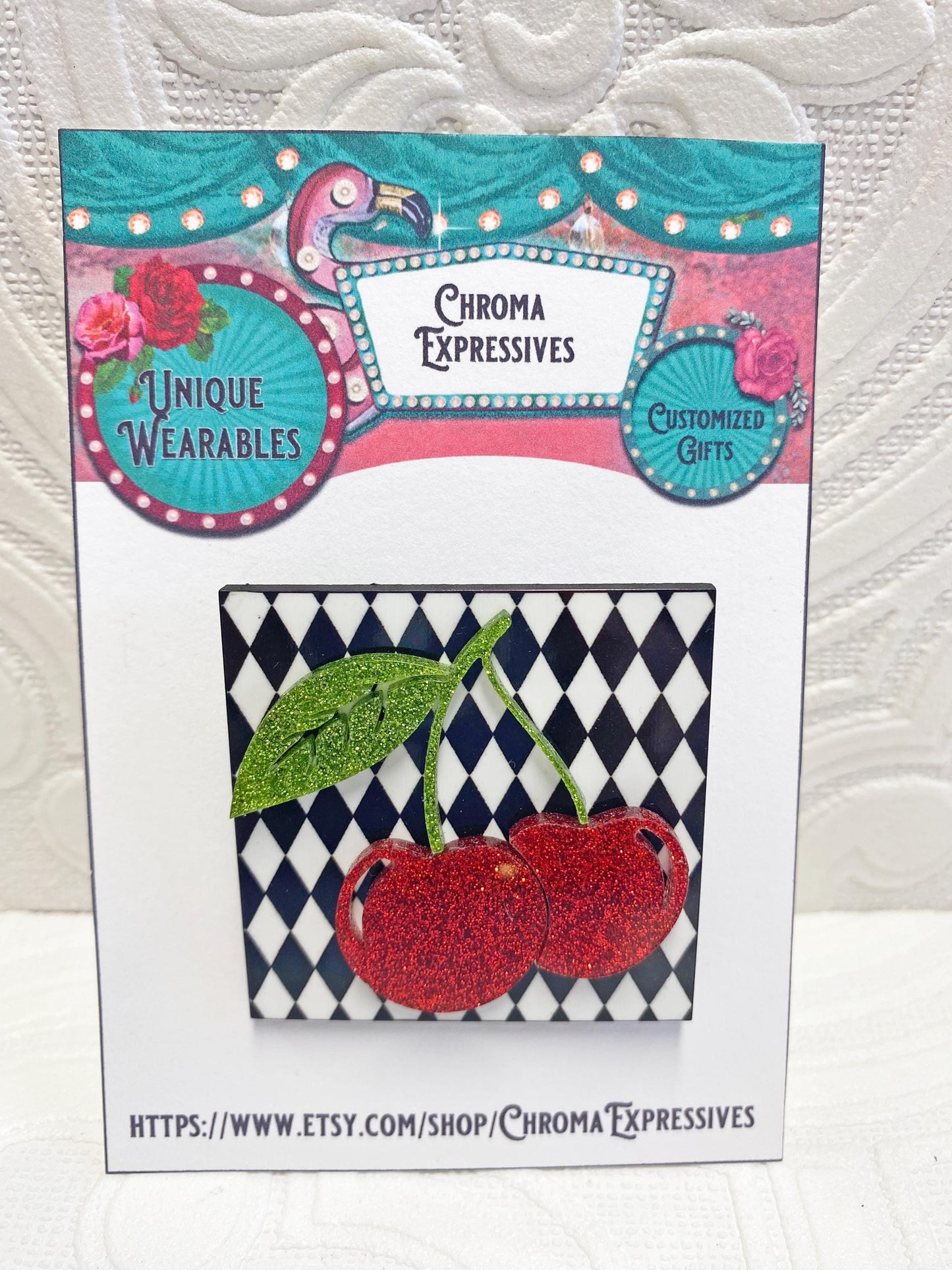 Rockabilly Cherry Brooch, Handcrafted from Wood and Acrylic. Retro Pin-up Style, Very Classy and fun! Measures 2-1/4" around.