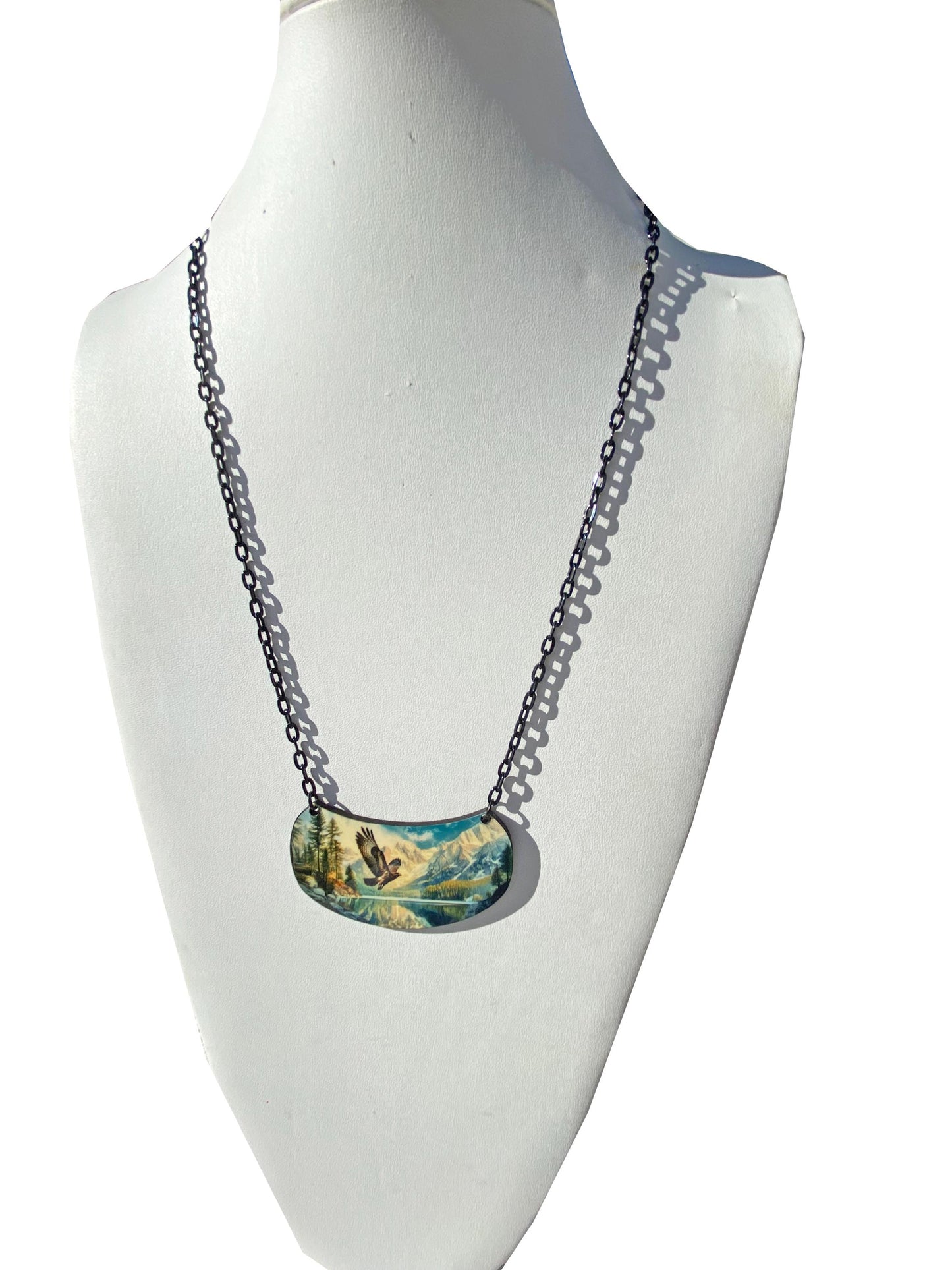 Beautiful Nature Scene Necklace, Hawk, Lake Mountains, Handcrafted ~ Gift for Nature Lover, Laser cut Wood, Sublimated Illustration