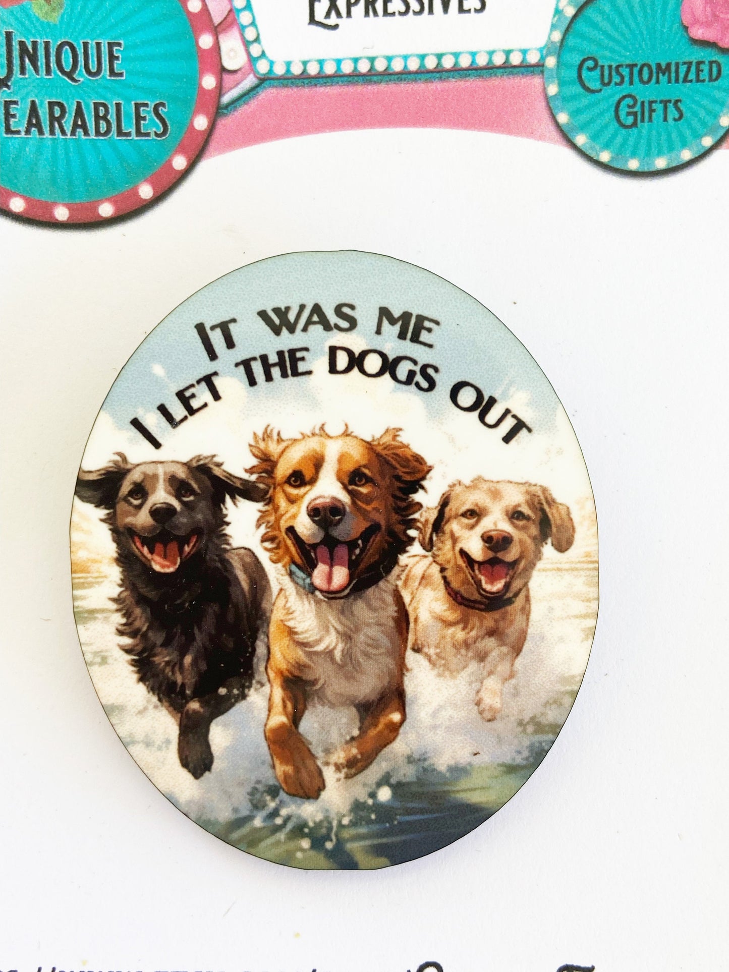 Who let the dogs out brooch, Adorable happy dogs splashing in water. Three dog illustration, laser cut wood, sublimation image
