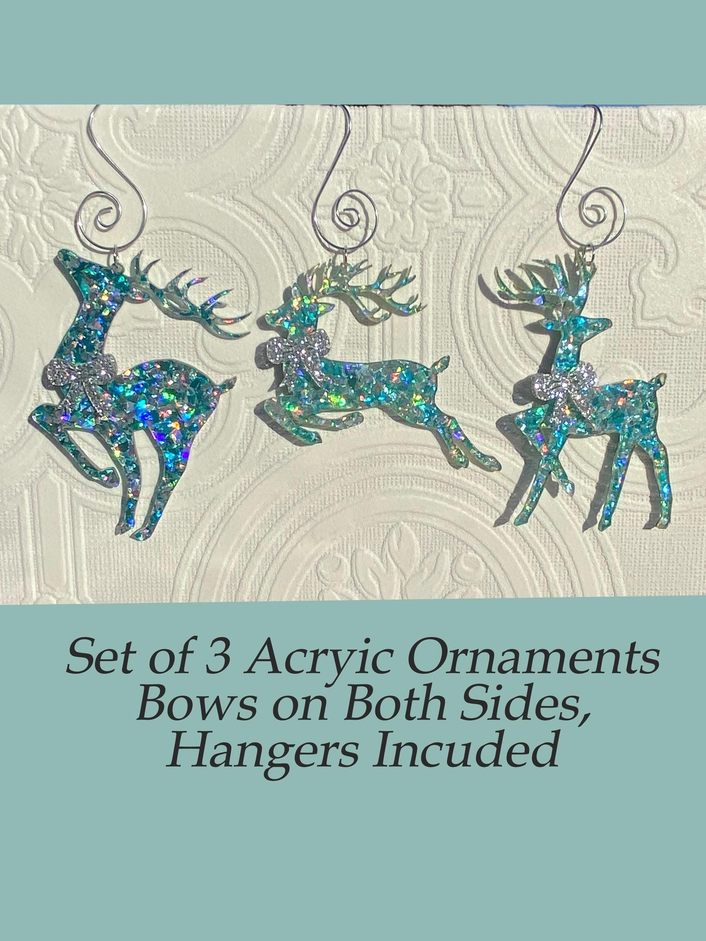Beautiful Reindeer Tree Ornaments (3) ~ Delux Glitter Acrylic, Very Sparkly, Bow's on Both Sides