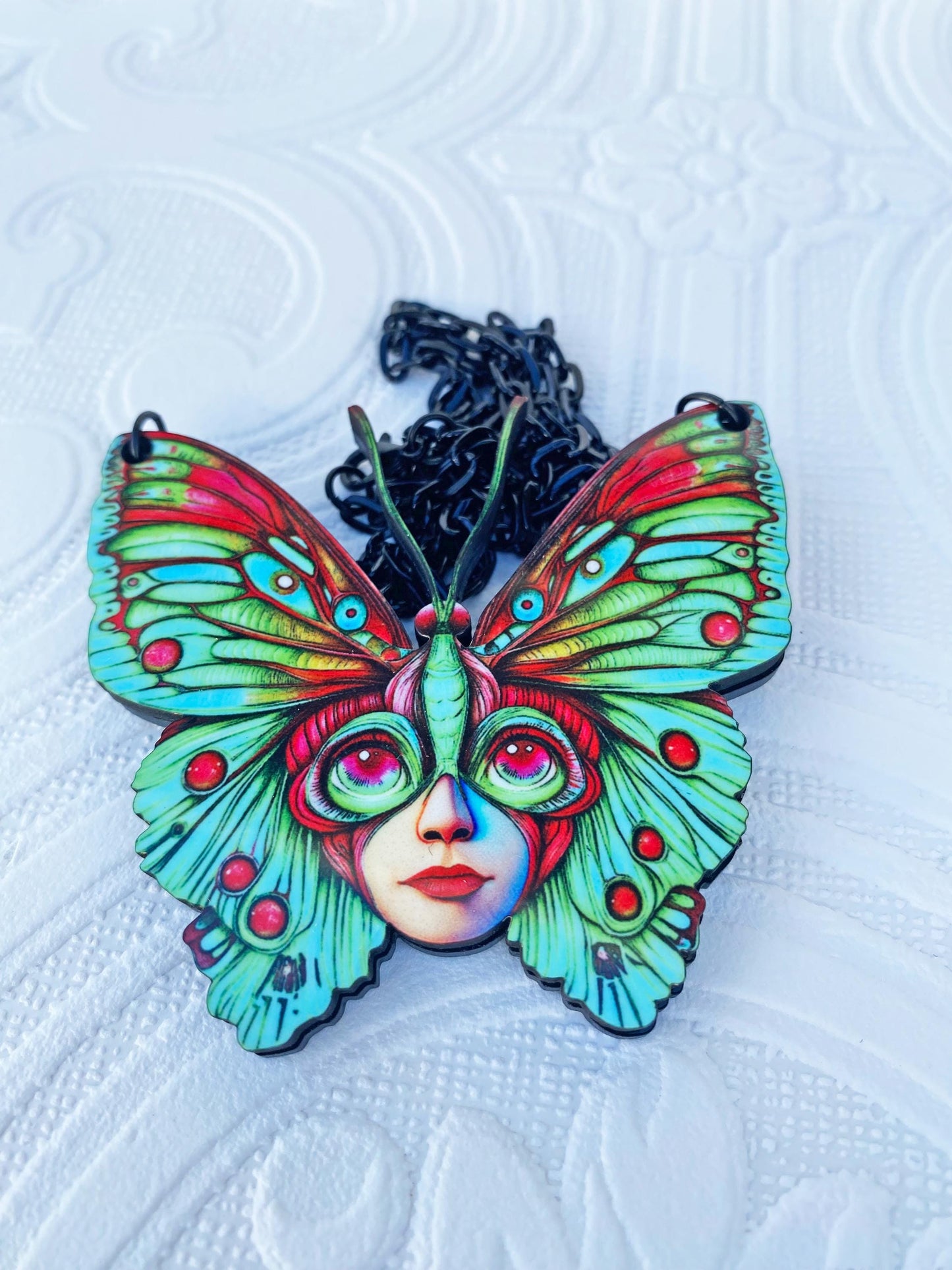 Butterfly Necklace, Oddity Design, Beautiful and Strange ~ Laser Cut Wood and Acrylic, Sublimated Image
