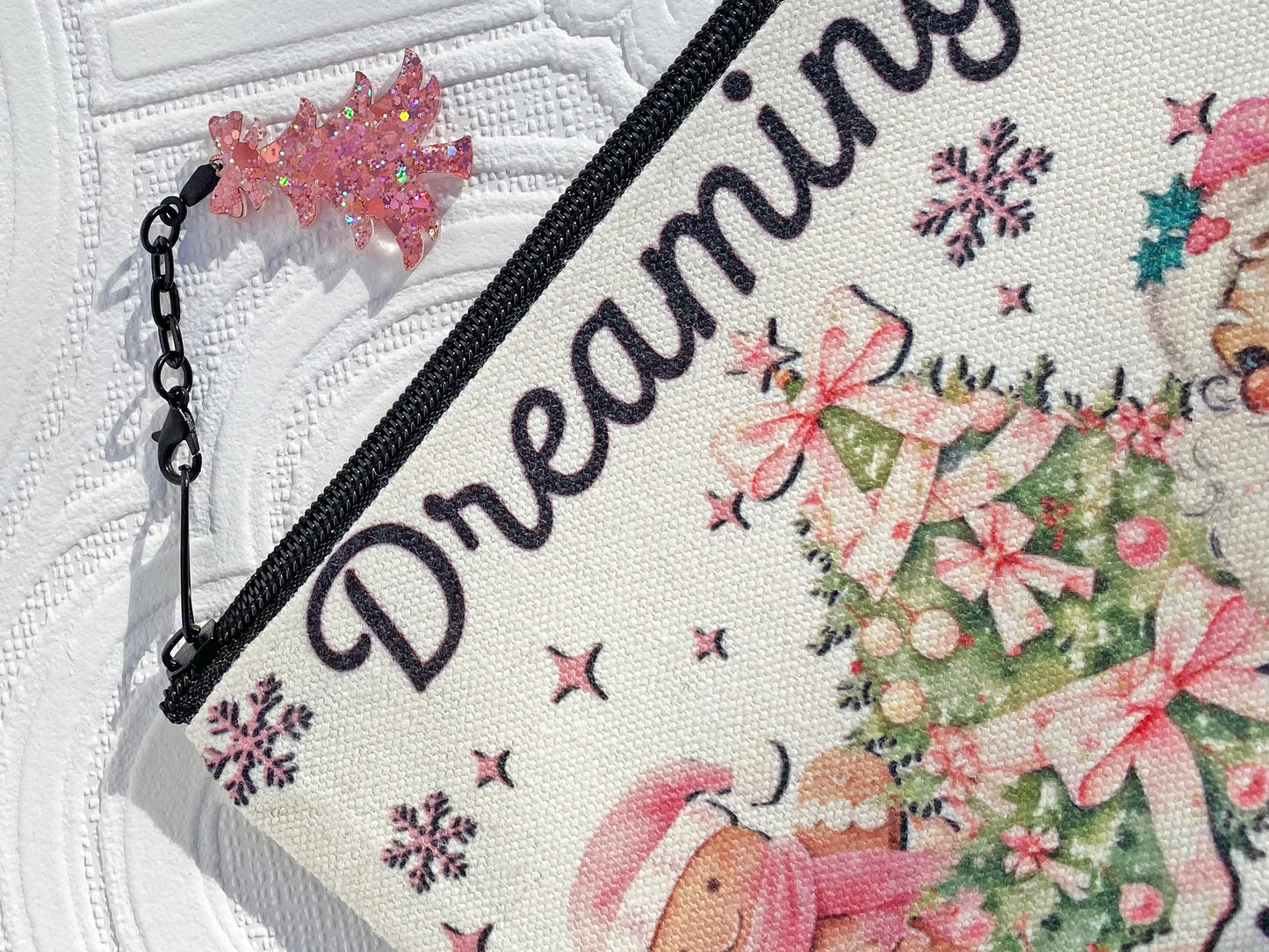 Dreaming of a Pink Christmas Makeup / Cosmetic Bag ~ Great Gift Idea, Quality Product, Image on BOTH sides, Laser Cut Pink Acrylic Tree Pull