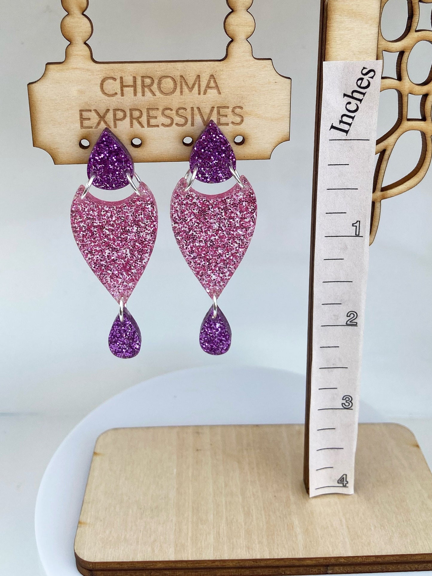 Lovely Purple and Pink Glitter Acrylic Dangle Earrings ~ Sparkly, lightweight, Perfect for work our a night out.  Great gift idea.
