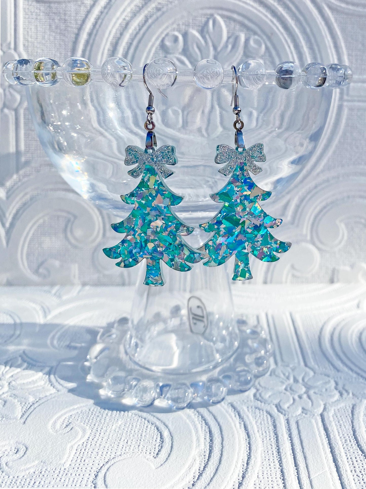 Christmas Tree Glitter Earrings ~ Super Glitzy Handcrafted Tree Earrings with Silver Bows, Ear Wire or Clip-on Available.
