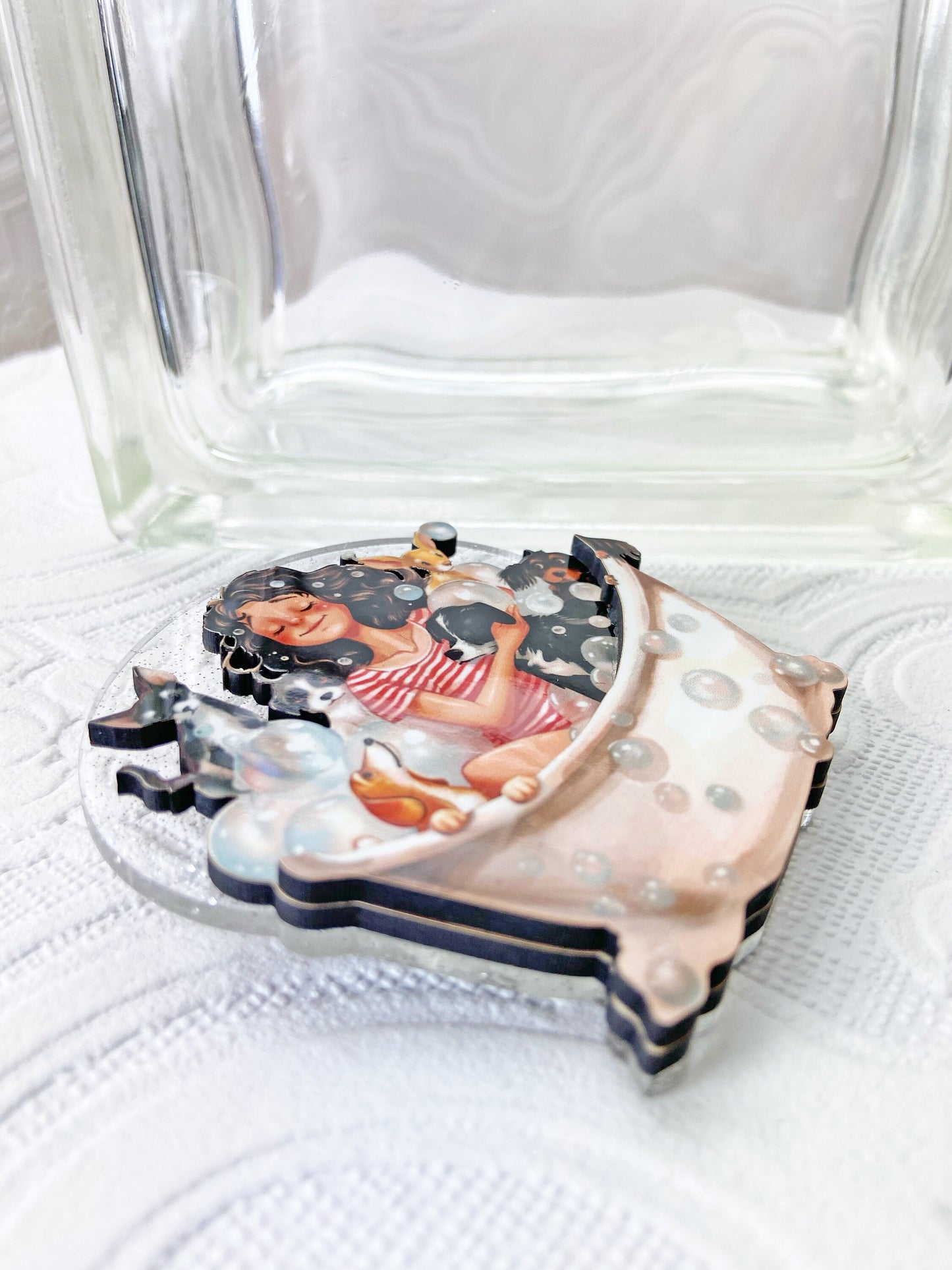 Adorable Handcrafted Dog Wash Brooch ~ Illustration of Happy Dogs getting Cleaned Up ~ Laser Cut Wood and Acrylic ~ Unique Gift Idea