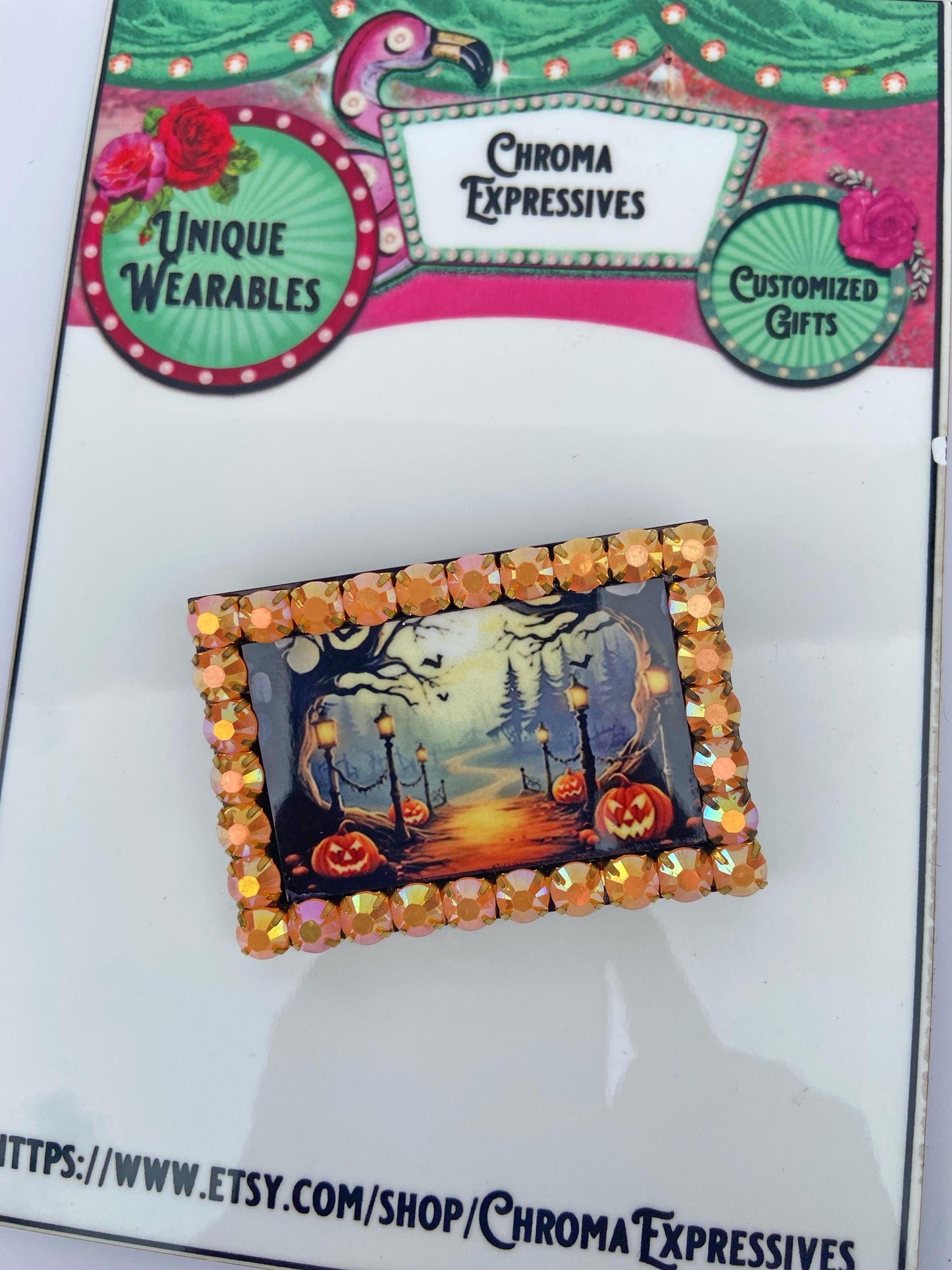 Halloween Themed Brooch, Spooky Forest, Pumpkins, Orange Rhinestones, Gift for Halloween or Spooky Season Lover ~ Laser Cut Wood, Sublimated