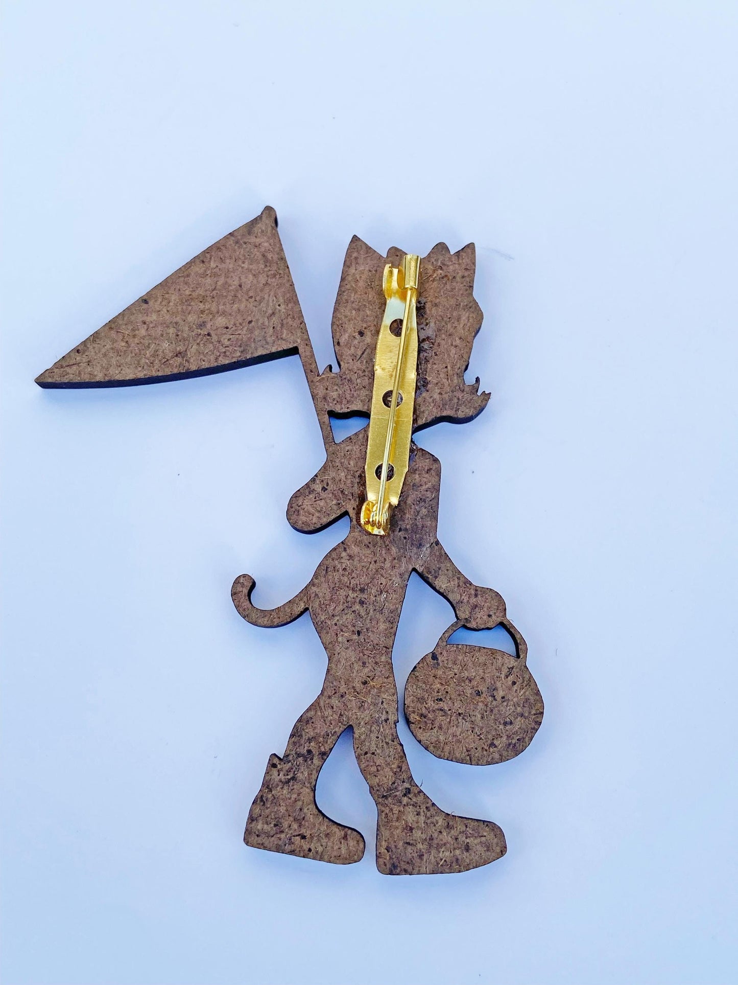 Brooch, Adorable Vintage Halloween Girl Trick or Treating in Cat Outfit ~ Spooky Season Pin ~ Nostalgic Pumpkin Treat Bag ~ Laser Cut Wood