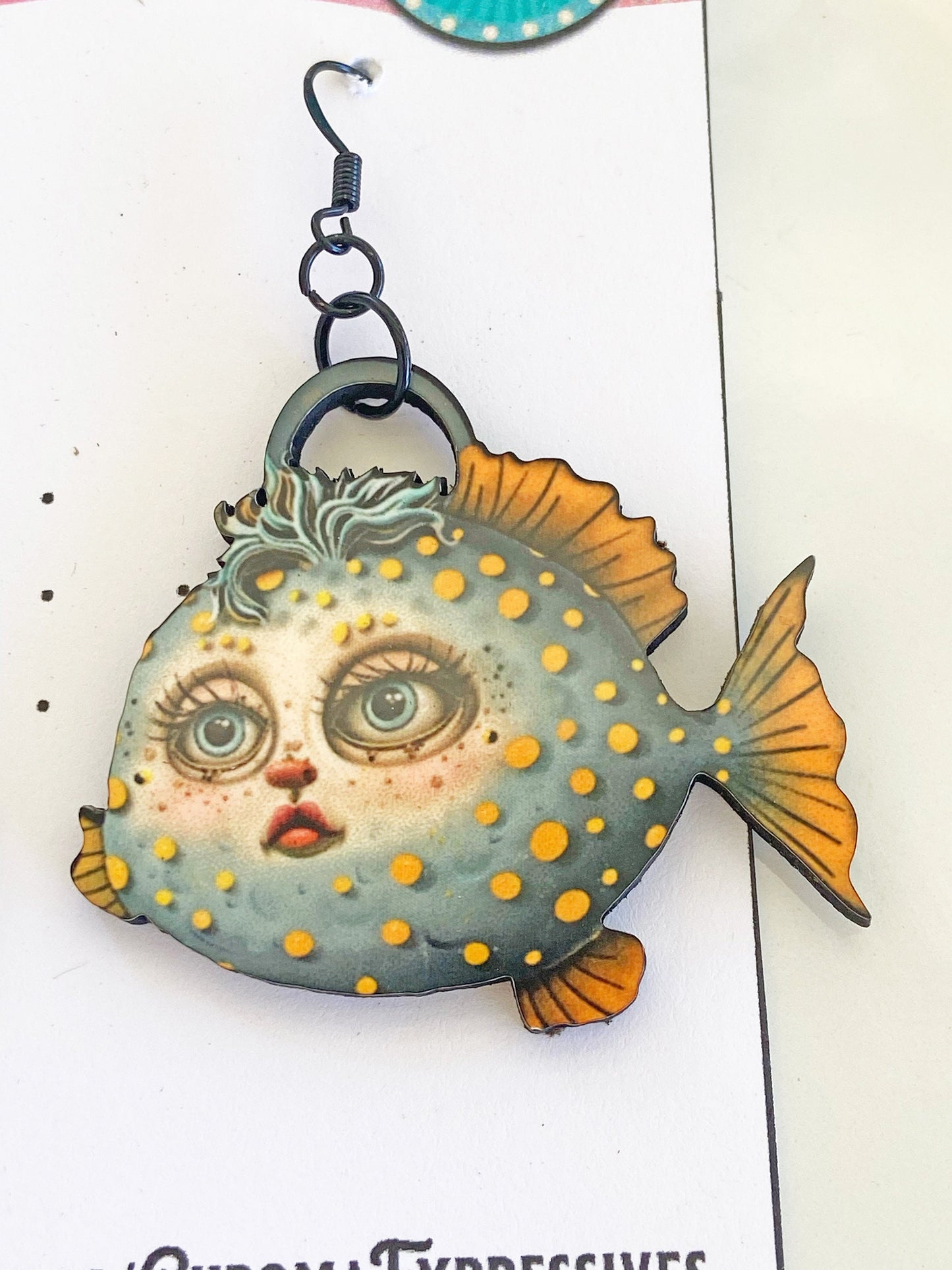 Awesome, Whimsical & Odd Earrings ~ Handcrafted, Laser Cut Wood, Sublimated Illustration ~ Blow Fish Design, Unique and Fun