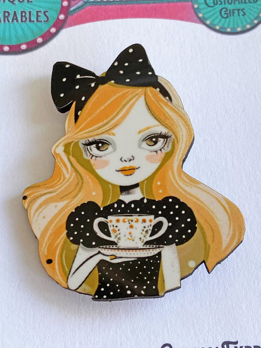 Cup of tea anyone?  Brooch / Pin, Lovely Illustration Art with Pretty Lady having a cup of tea or coffee, gift for friend,  birthday gift
