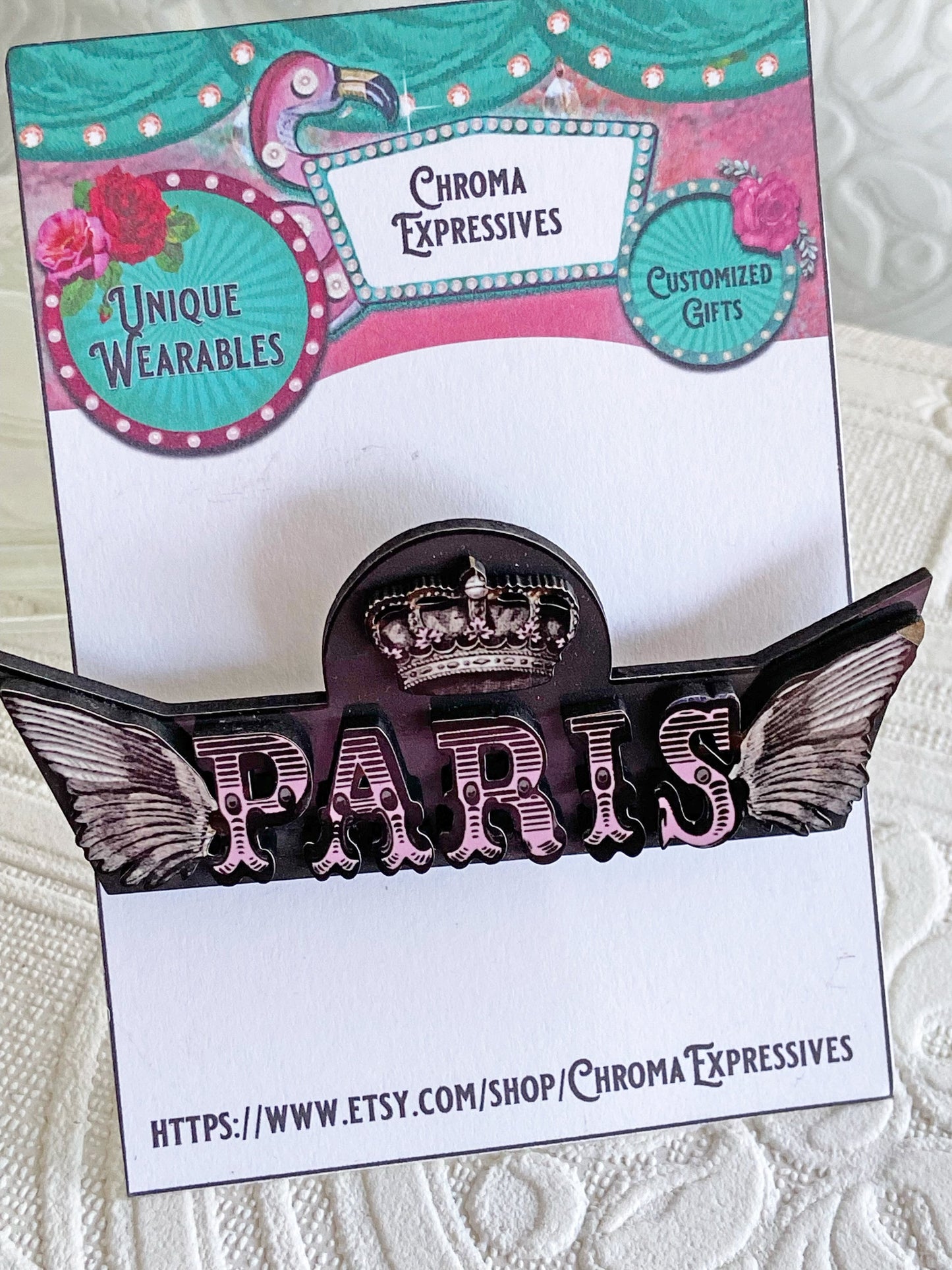 Beautiful Paris Handcrafted Brooch ~ Pink and Black ~ The Letters of Paris are articulated in laser-cut wood with sublimated images.