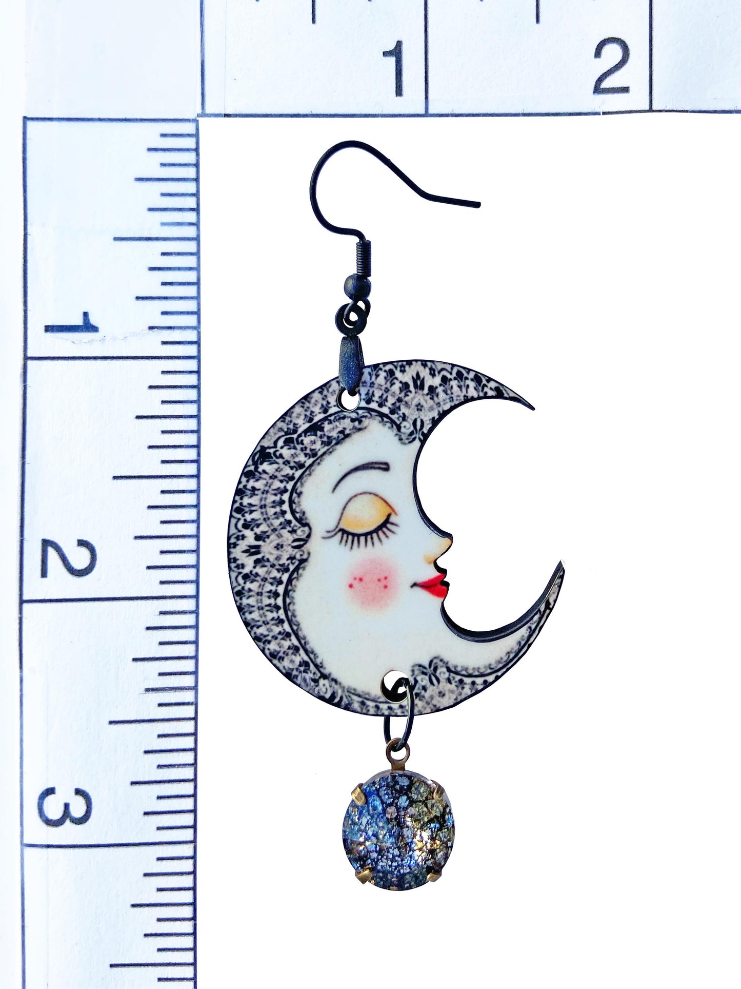 Pretty Lady Moon Earrings with Rivoli Dangle ~ Waning Moon, Celestial Jewelry, Gift for Mom, Wife or Friend