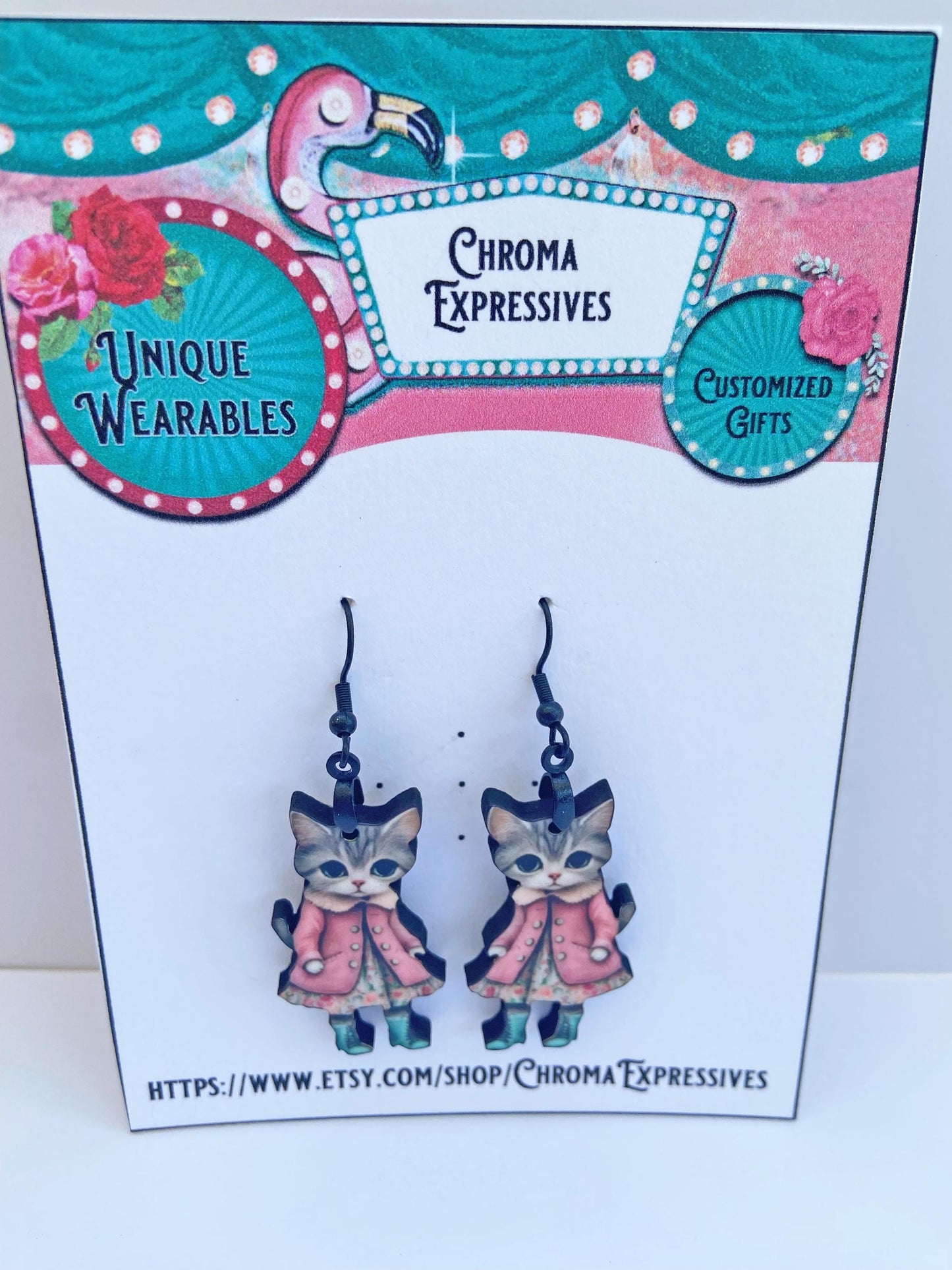 Pink Coat Cute Cat Brooch or Earrings, Clip-on or Wires, Adorable Wearable Art, Winter Ready with her Boots.  Laser cut wood, Sublimation