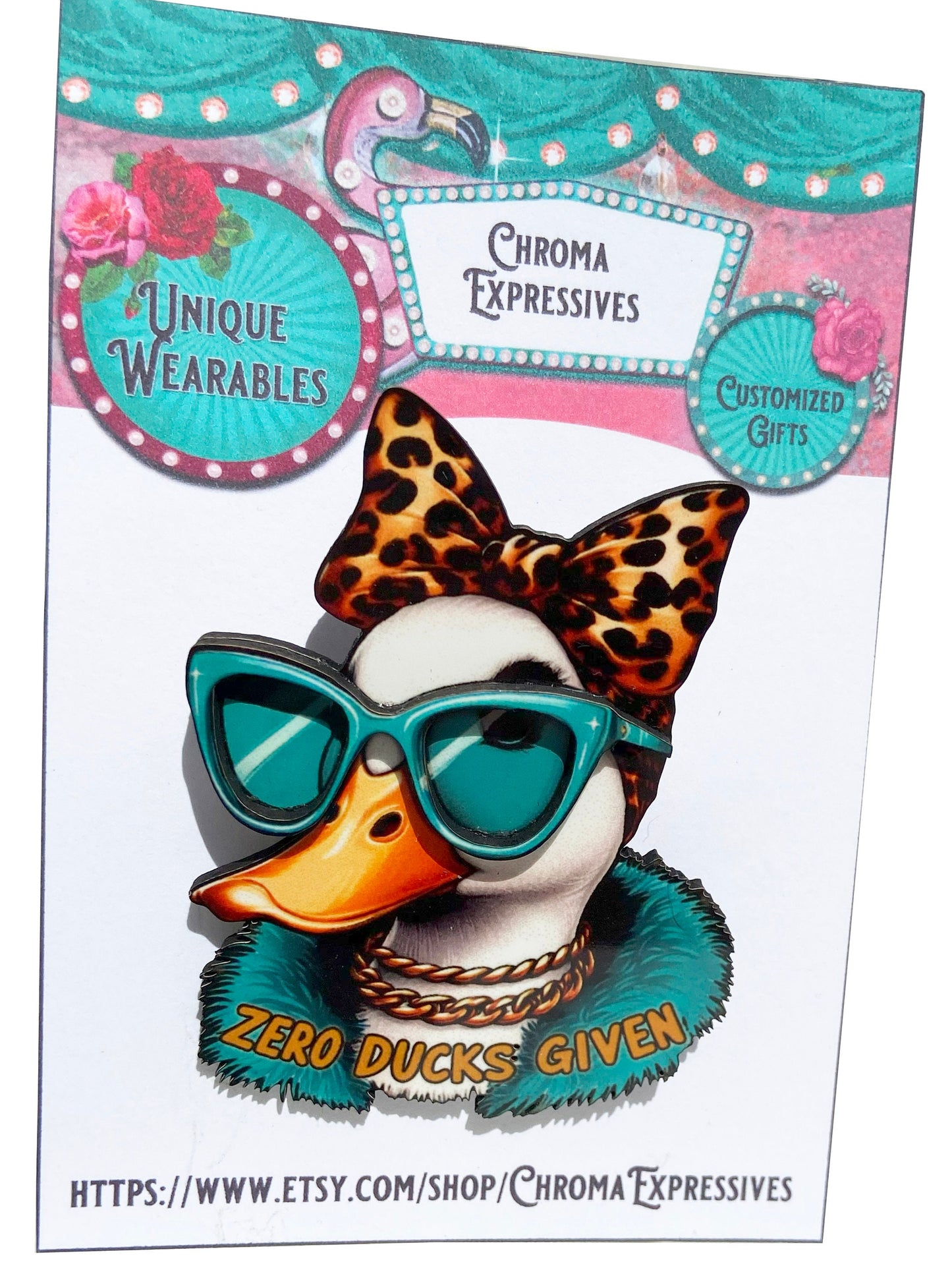 Sassy Pants Duck Brooch / Pin ~ Big Bow & Sunglasses, Teal and Yellow Colors ~ Wearable Art ~ Handcrafted Superior Process