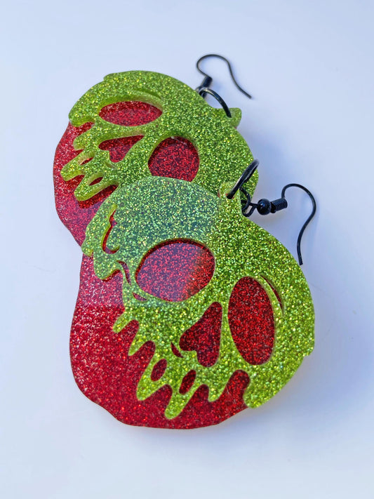 Poison Candy Apple Earrings ~ Halloween Jewelry ~ Spooky Season Skeleton Earrings ~ Laser Cut Red and Green Glitter Acrylic