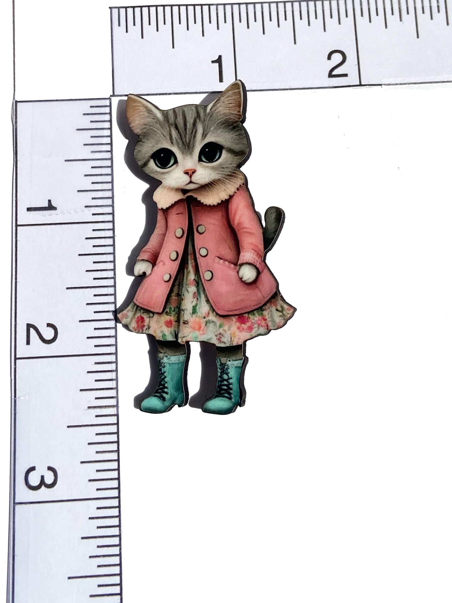 Pink Coat Cute Cat Brooch or Earrings, Clip-on or Wires, Adorable Wearable Art, Winter Ready with her Boots.  Laser cut wood, Sublimation