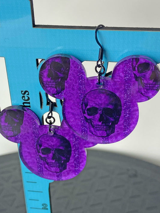 Mickey Mouse Purple Skull Earrings, Very cool! Get Ready for Spooky Season at the Parks!  Laser Cut Acrylic.  Lightweight and Fun.