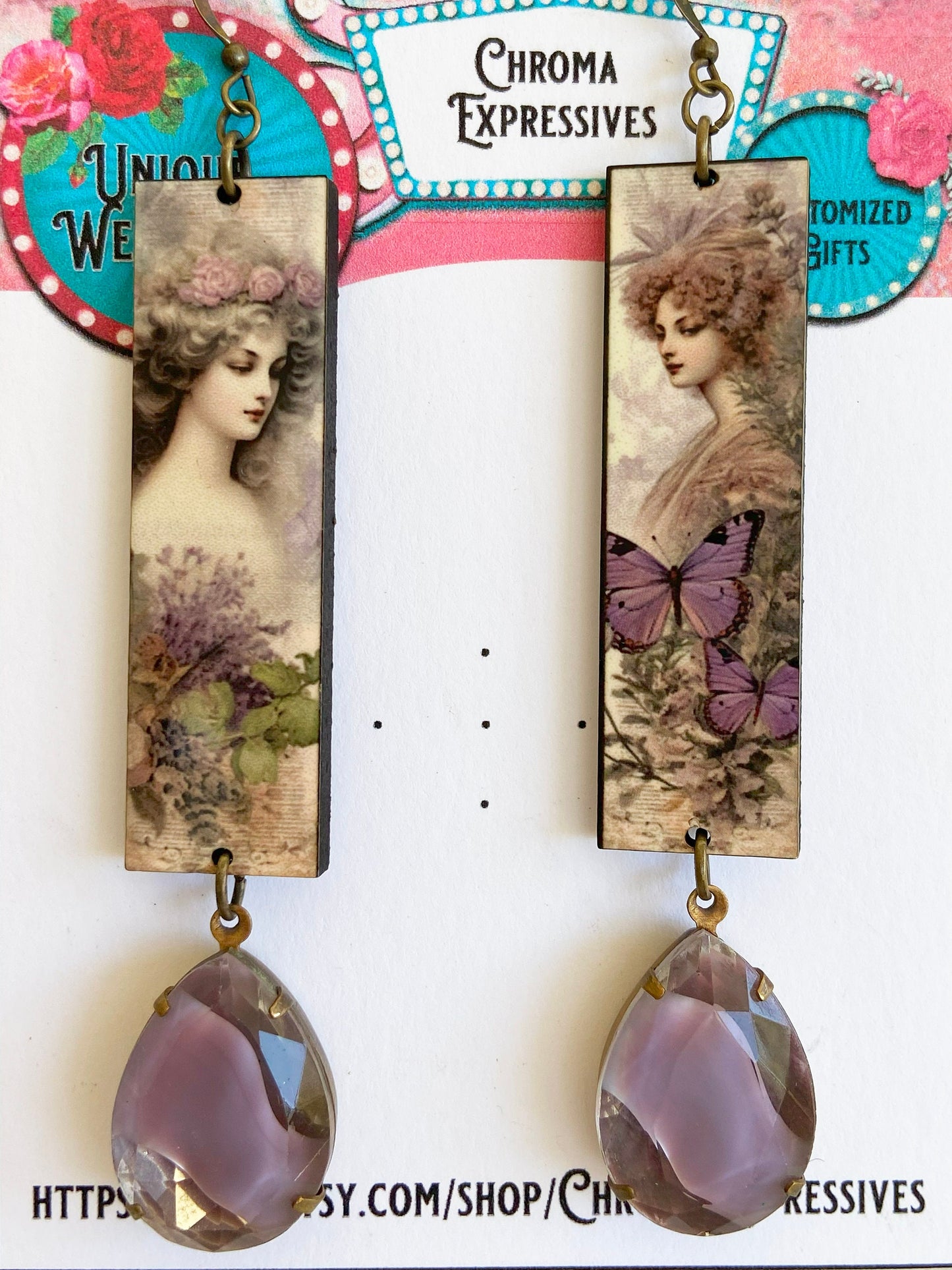 Lovely Handmade Dangle Earrings Featuring Vintage Victorian Ladies in Purple.  Each side is different, Vintage Purple Givre Rhinestone