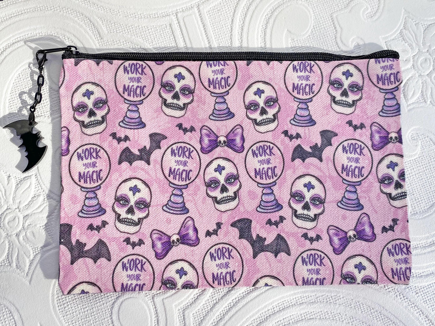 Makeup Bag, Cosmetic Bag, Pencil Bag ~ Goth Theme!  Super Cool and Unique bag, ~ Bats, Skeletons, Crystal Ball in Pink and Purples